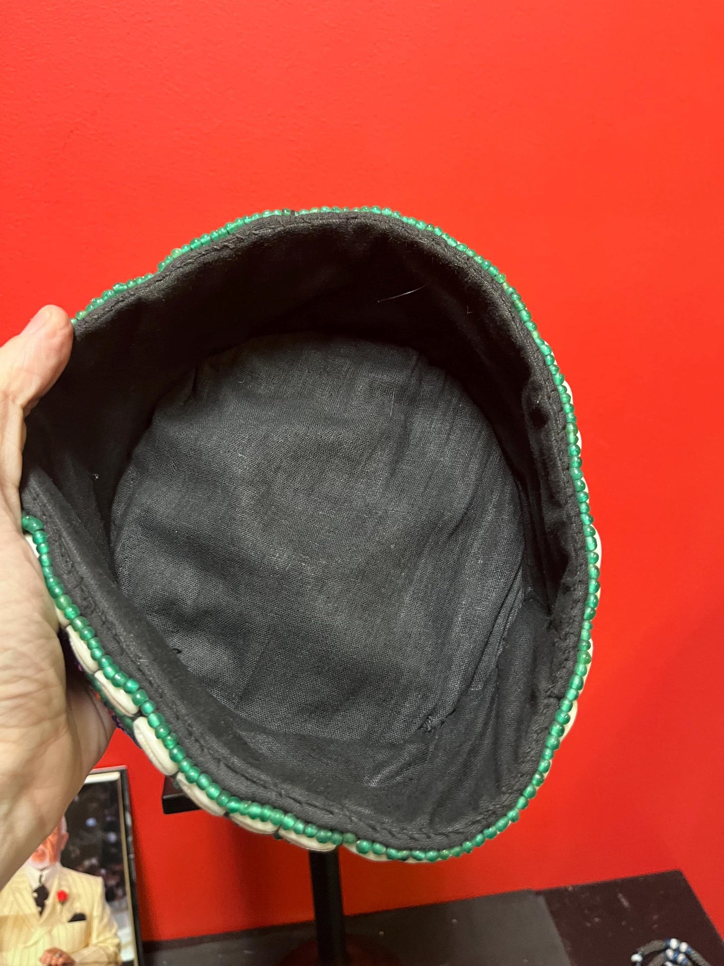 Stunning 9 x 7 x 3 inch Nepalese fabric beaded and shell and turquoise hat  unreal cool  fit small to medium head