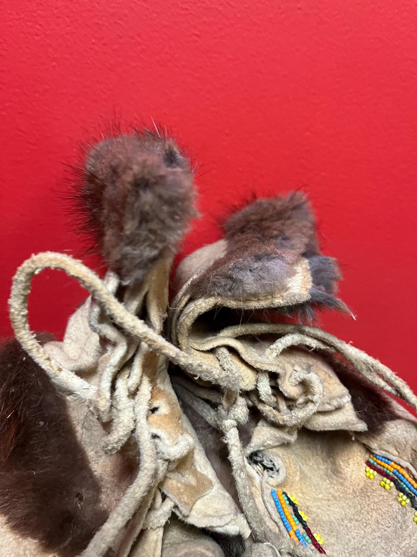 8 x 10 inch long leather and beaded moccasin shoe boots  antique condition