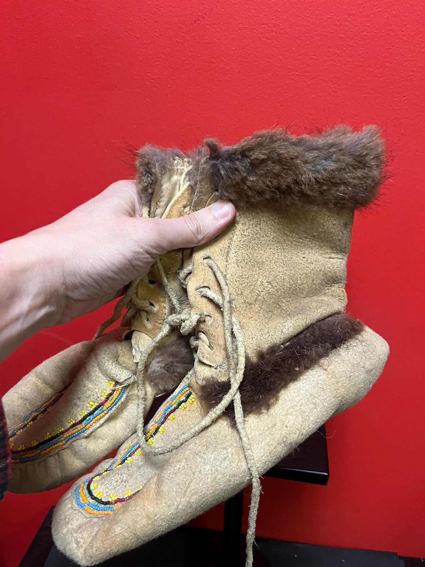 8 x 10 inch long leather and beaded moccasin shoe boots  antique condition