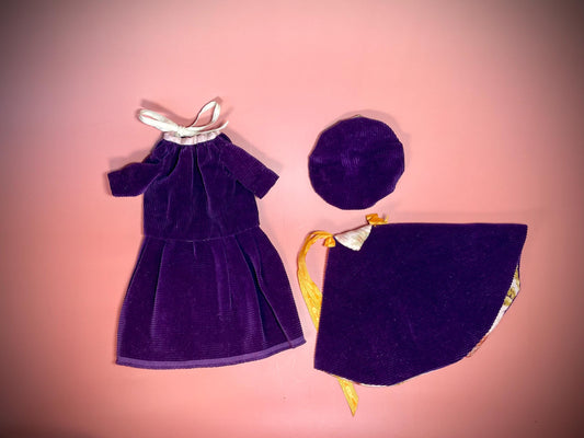 Vintage Purple Doll Clothes dress set with Cape and Hat