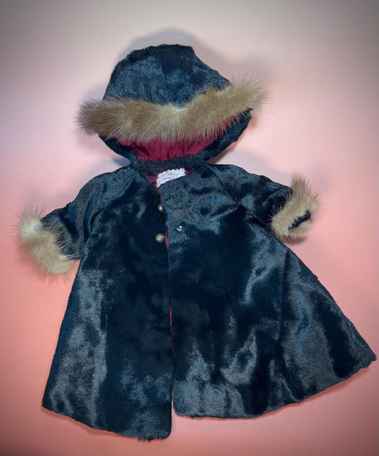 Vintage Black Doll coat with fur hood, fur cuffs and red lining