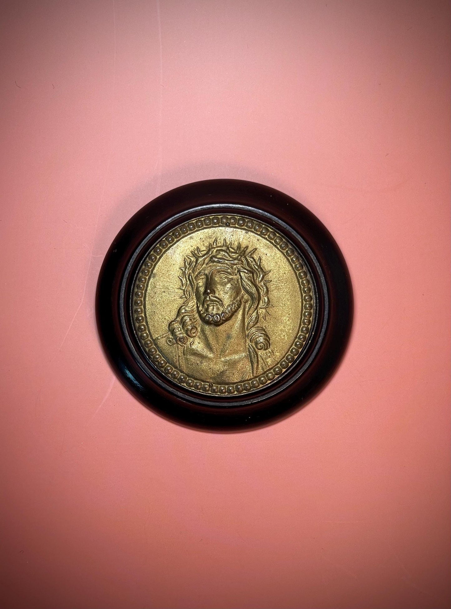 Antique Brass and Wood Religious Plaque Jesus Face