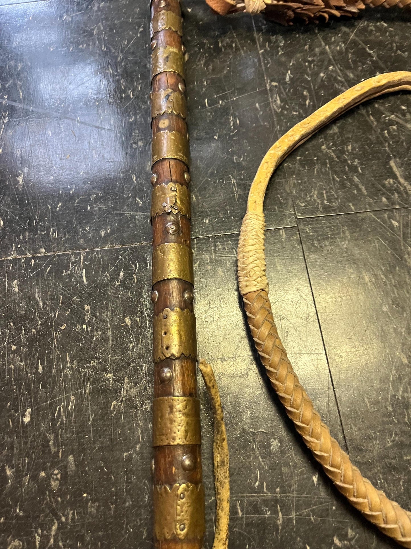 Ridiculously cool 90 inch long  antique Persian brass wood and leather bull whip  great detail and amazing condition