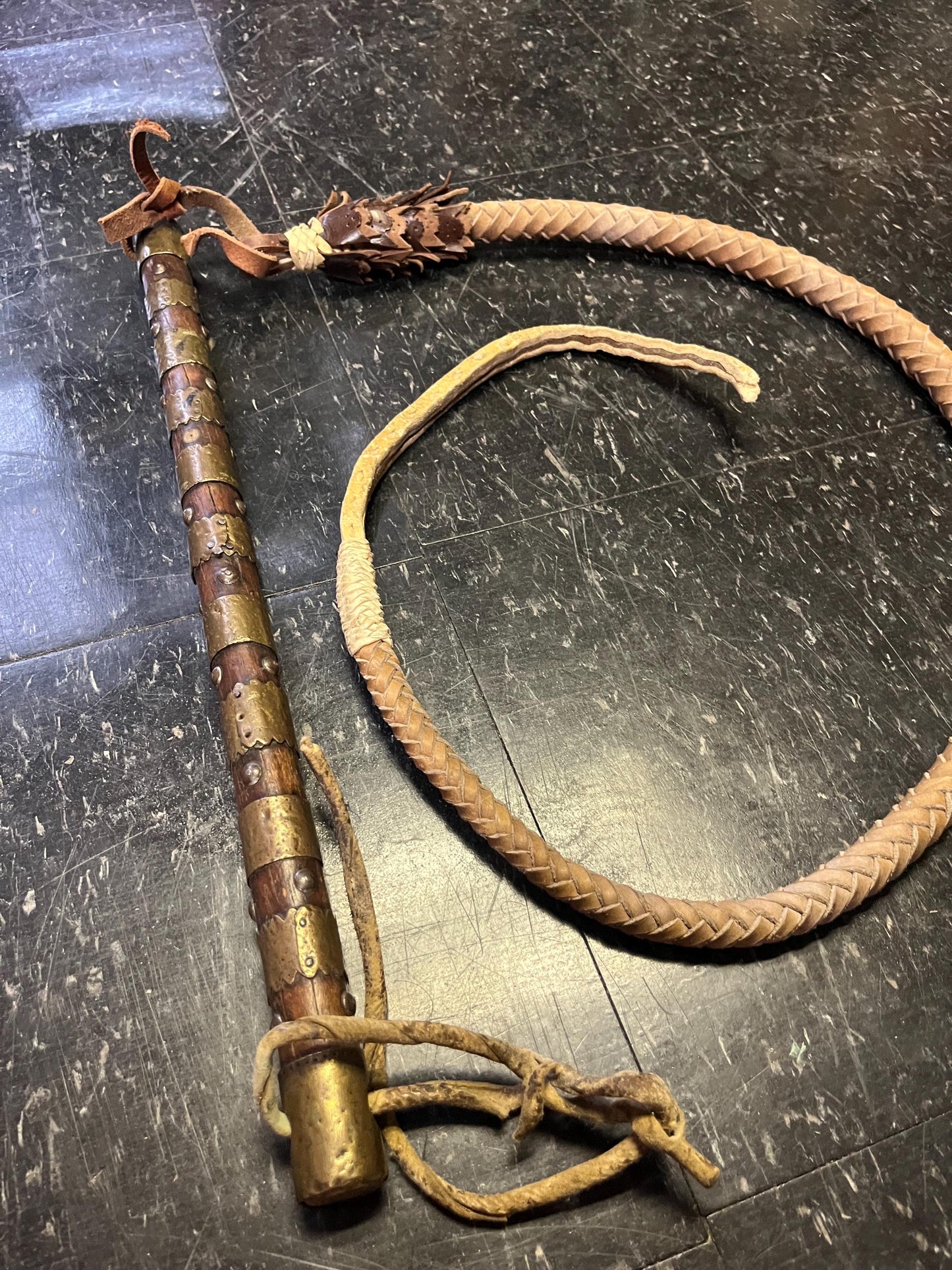 Ridiculously cool 90 inch long  antique Persian brass wood and leather bull whip  great detail and amazing condition