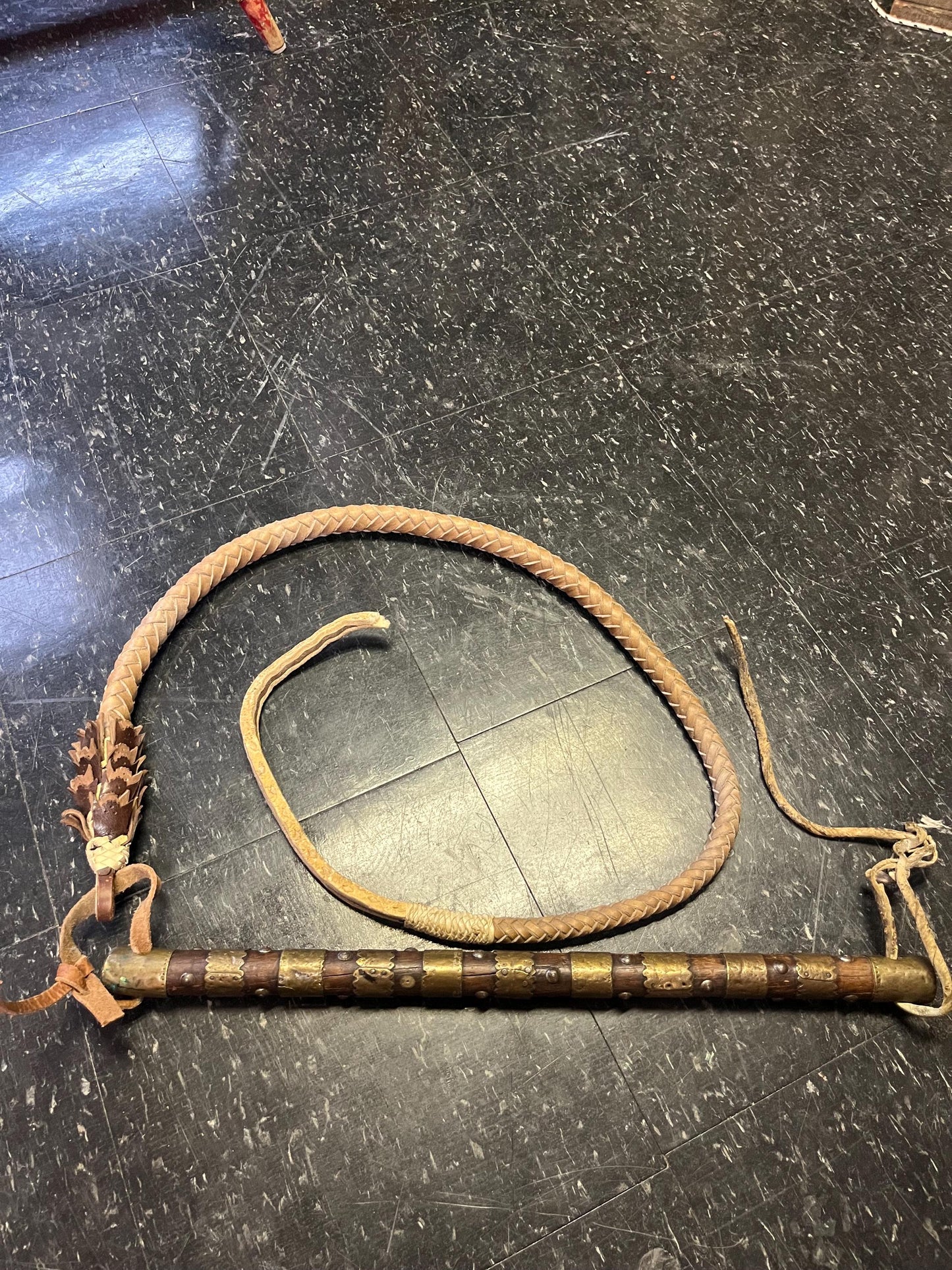 Ridiculously cool 90 inch long  antique Persian brass wood and leather bull whip  great detail and amazing condition