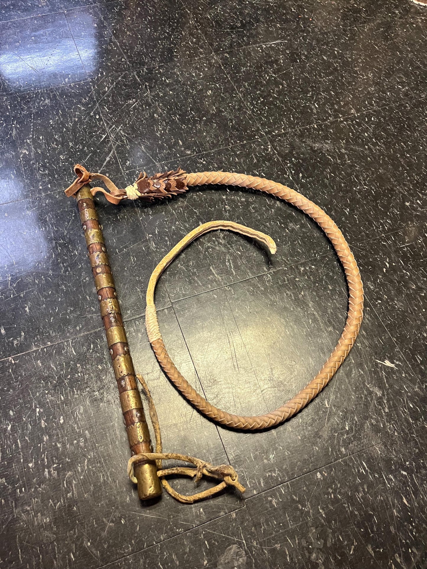 Ridiculously cool 90 inch long  antique Persian brass wood and leather bull whip  great detail and amazing condition