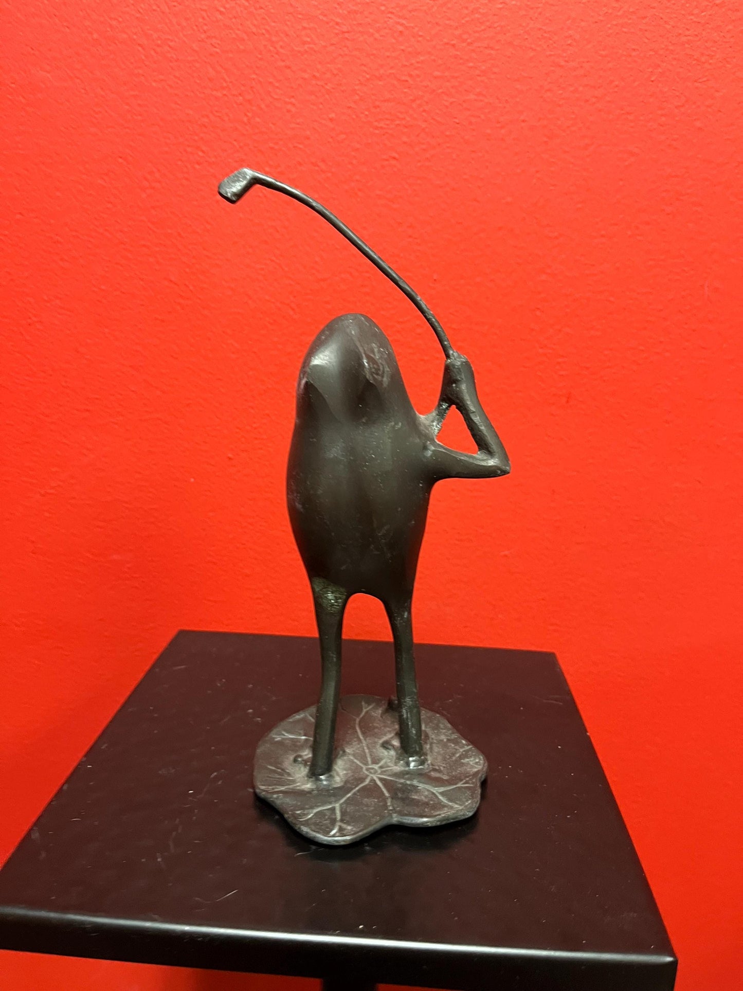 Lovely 8 inch tall bronze frog golfing statue  great patina  wonderful gift