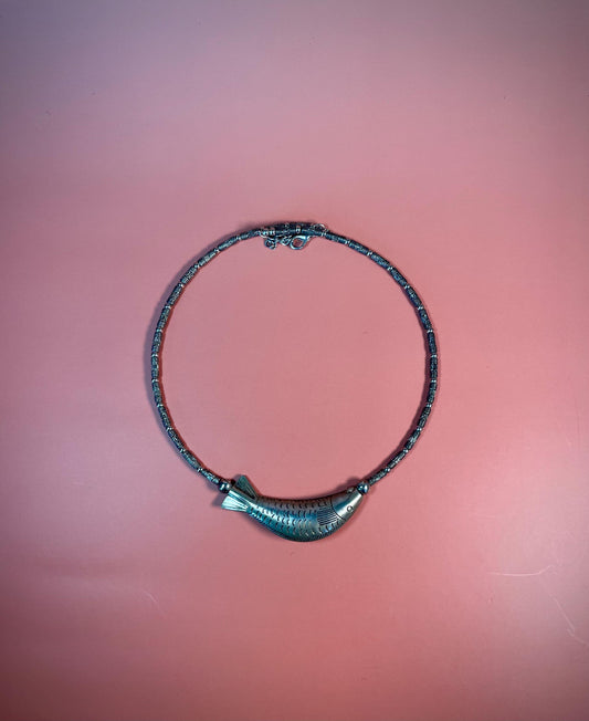 Adjustable Silver Choker Necklace with Fish Pendant  5 Inches