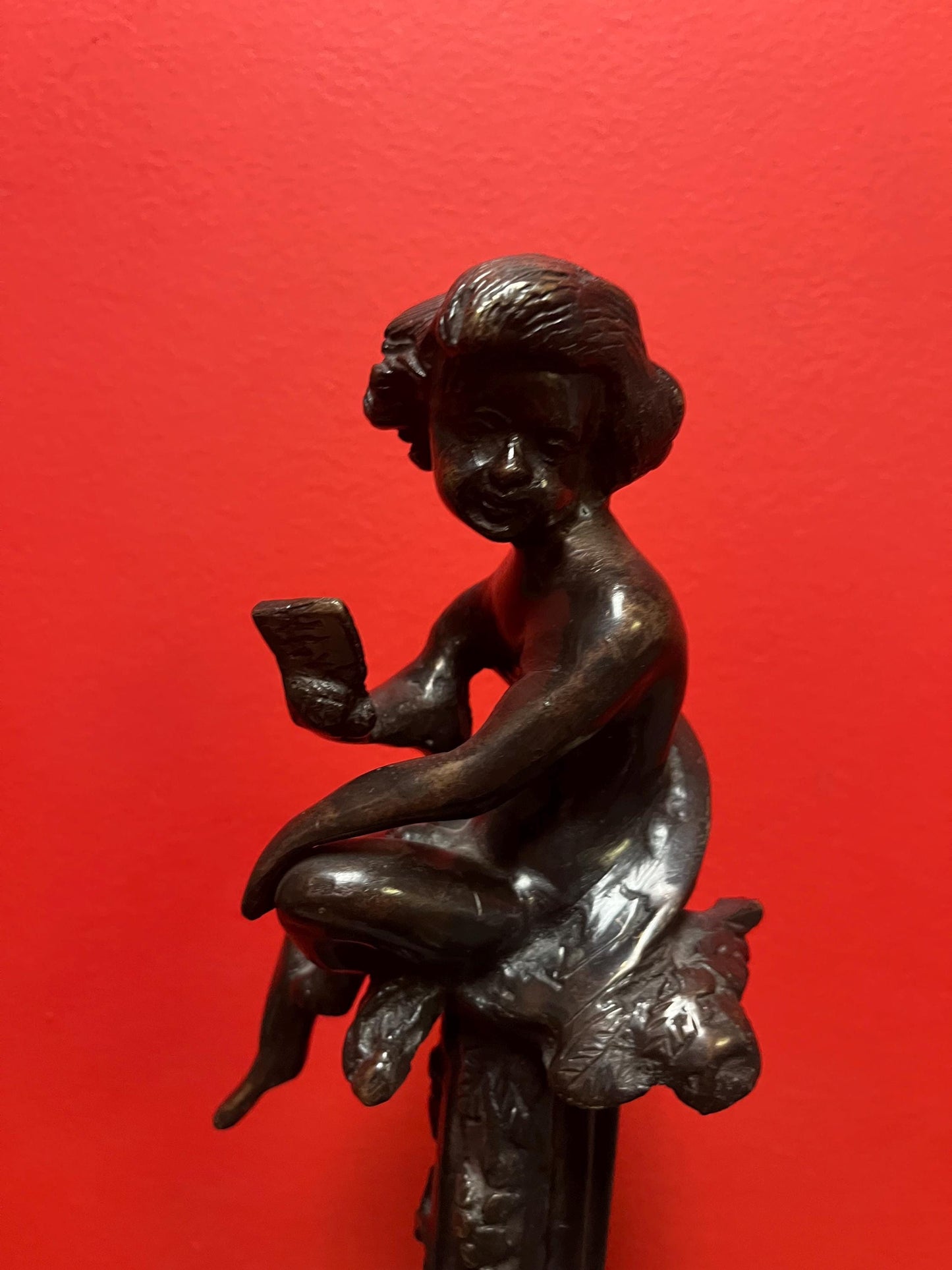 Special hot deal  antique bronze statue of a cherub on marble stand  12 inches tall and 2.8 kg  magnificent patina wow