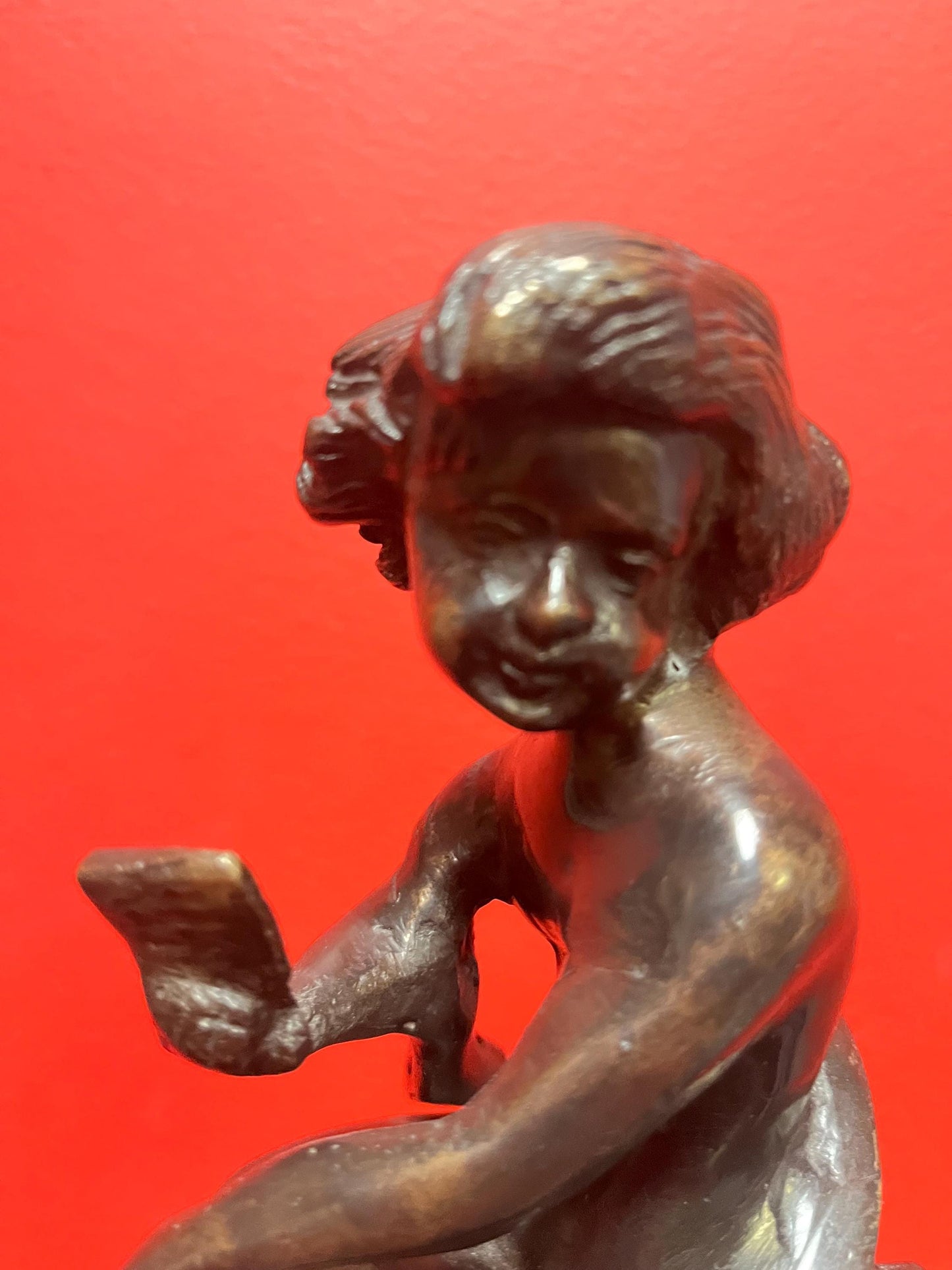 Special hot deal  antique bronze statue of a cherub on marble stand  12 inches tall and 2.8 kg  magnificent patina wow