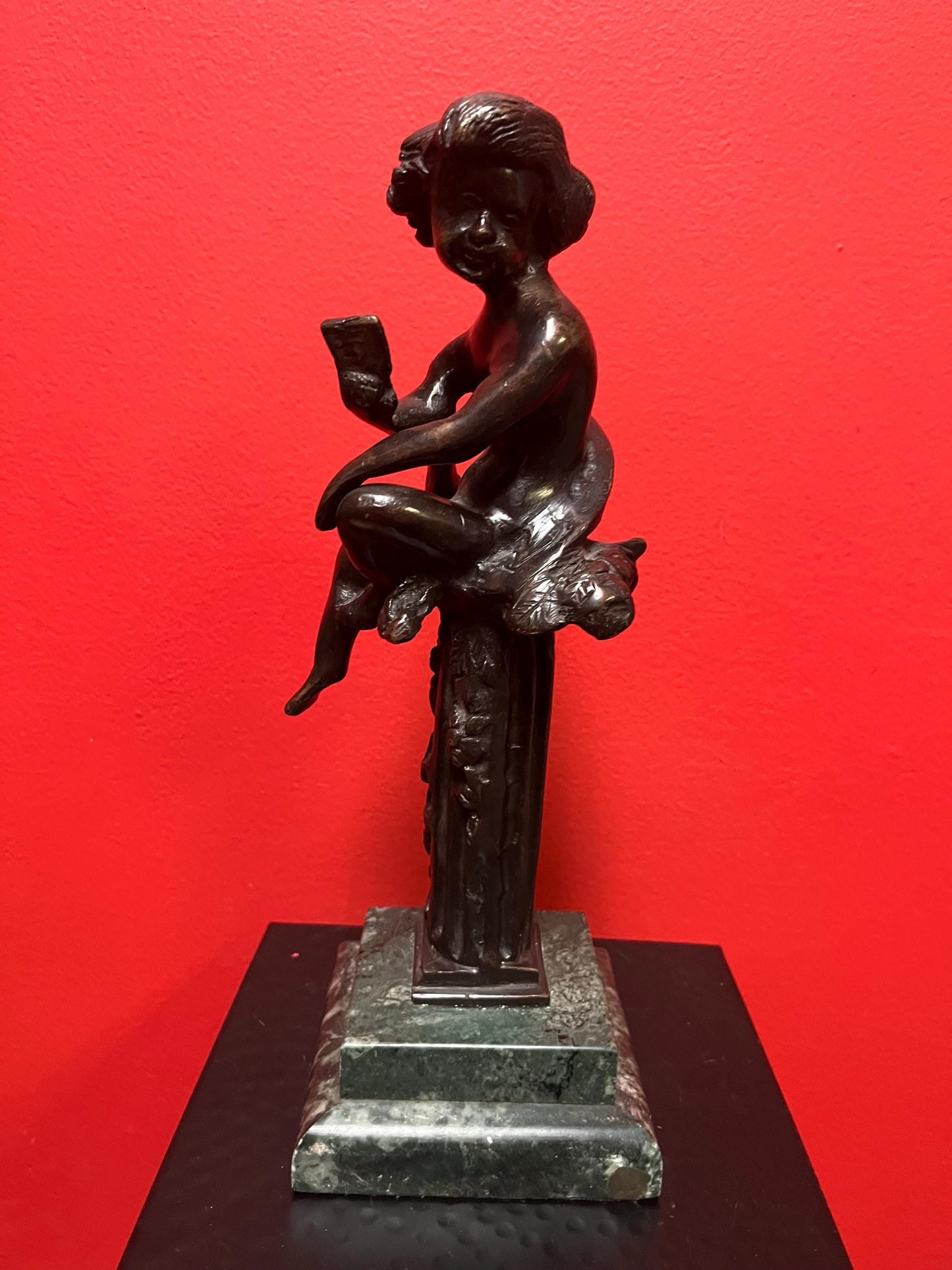 Special hot deal  antique bronze statue of a cherub on marble stand  12 inches tall and 2.8 kg  magnificent patina wow