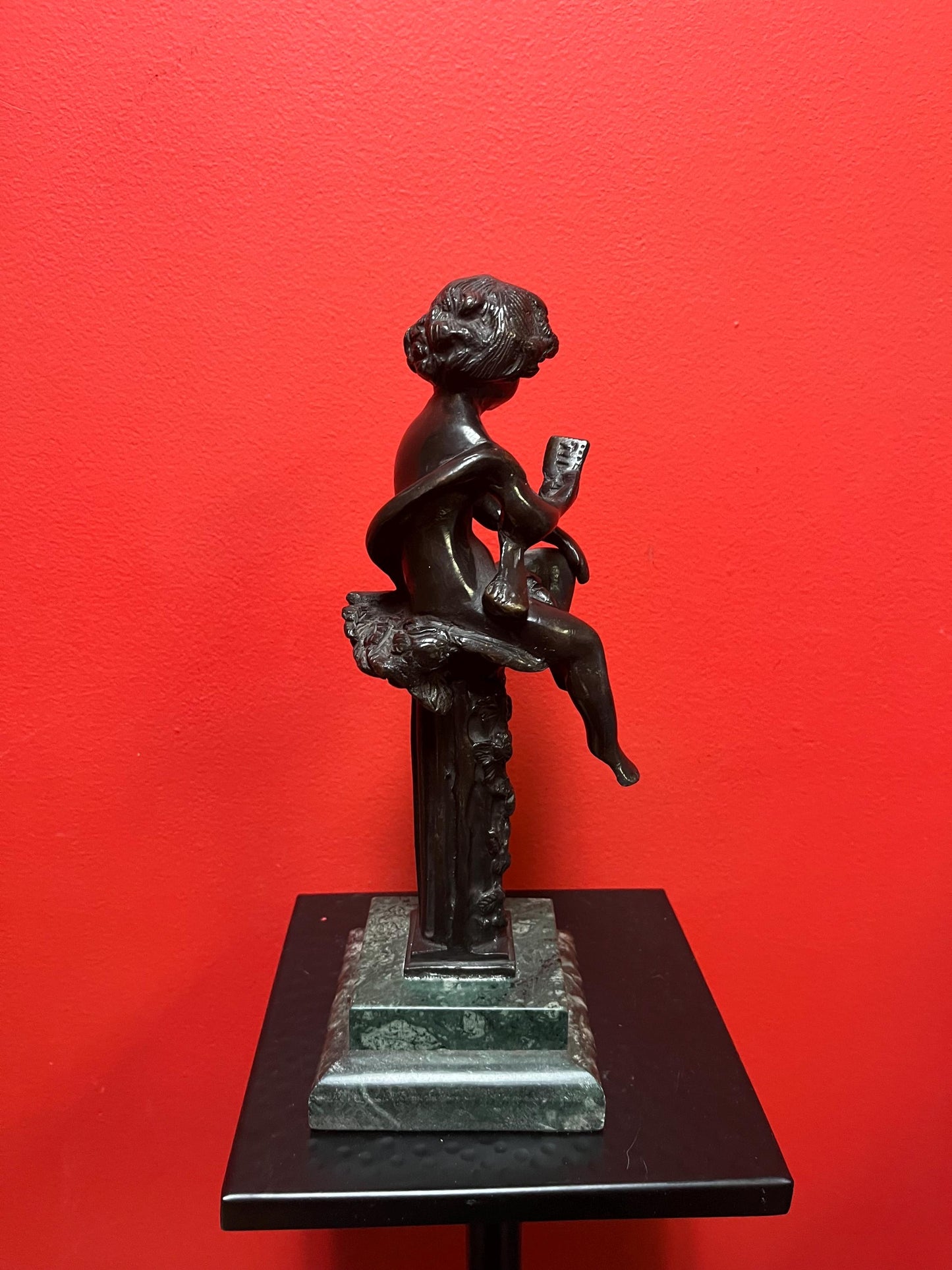 Special hot deal  antique bronze statue of a cherub on marble stand  12 inches tall and 2.8 kg  magnificent patina wow