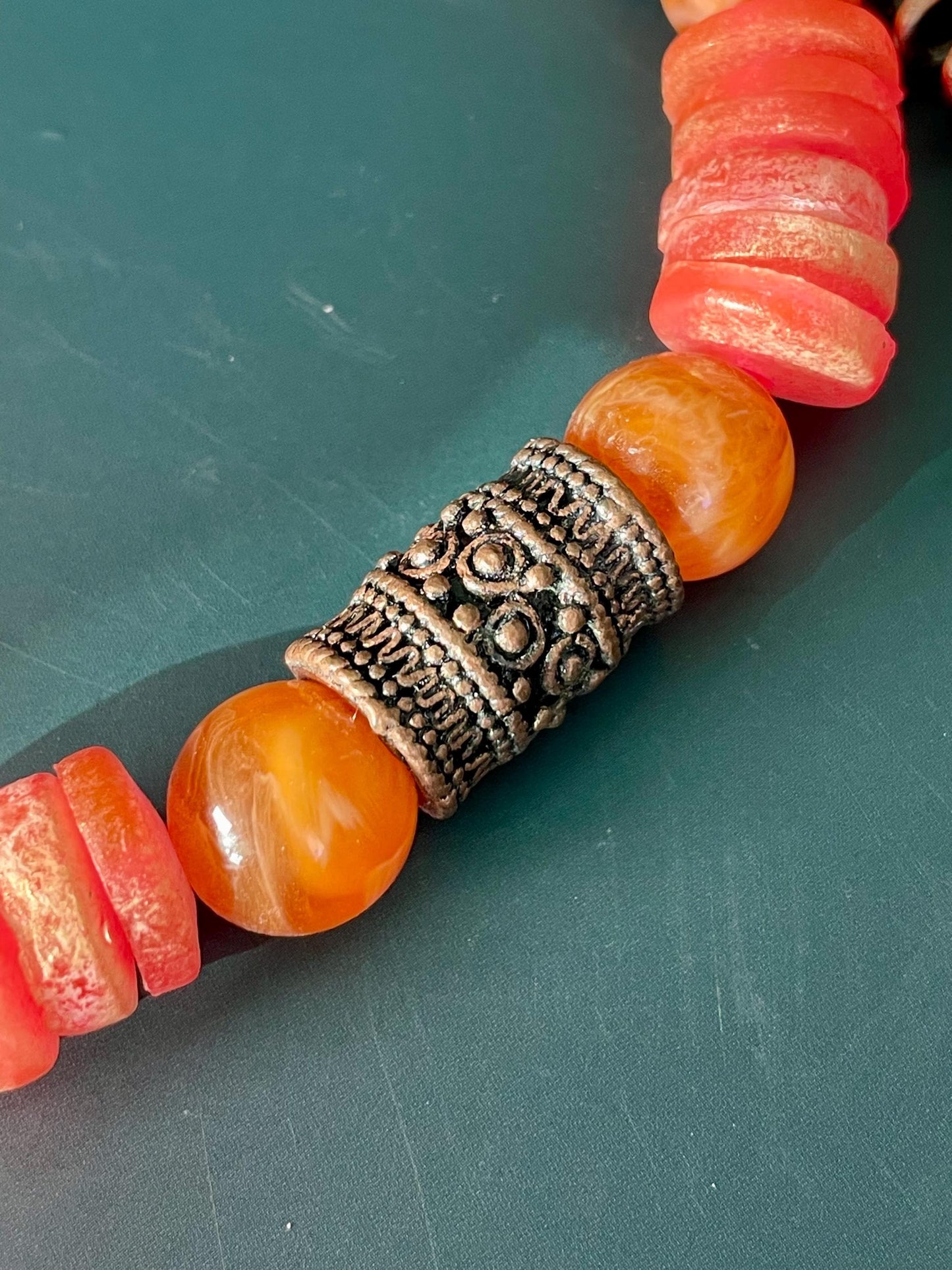 Coral tone Beaded Necklace with Sunburst Pendant  16 Adjustable