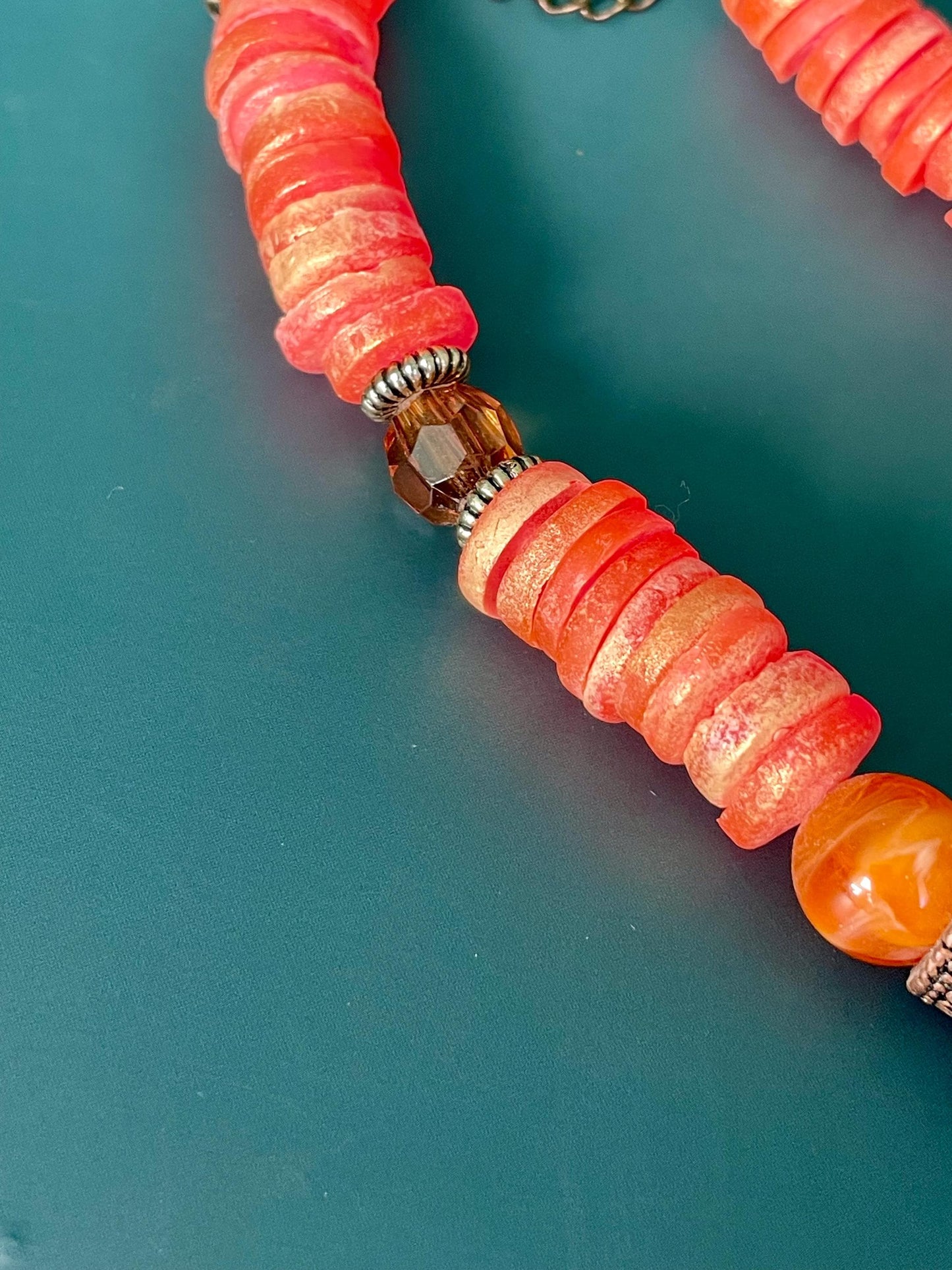Coral tone Beaded Necklace with Sunburst Pendant  16 Adjustable