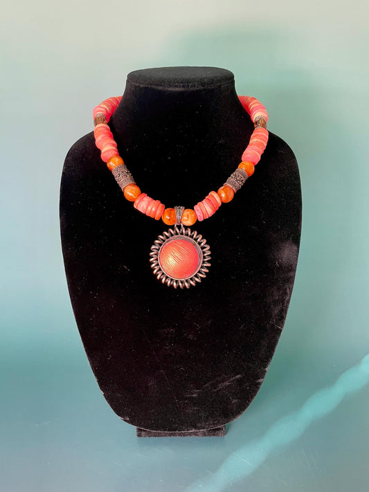 Coral tone Beaded Necklace with Sunburst Pendant  16 Adjustable