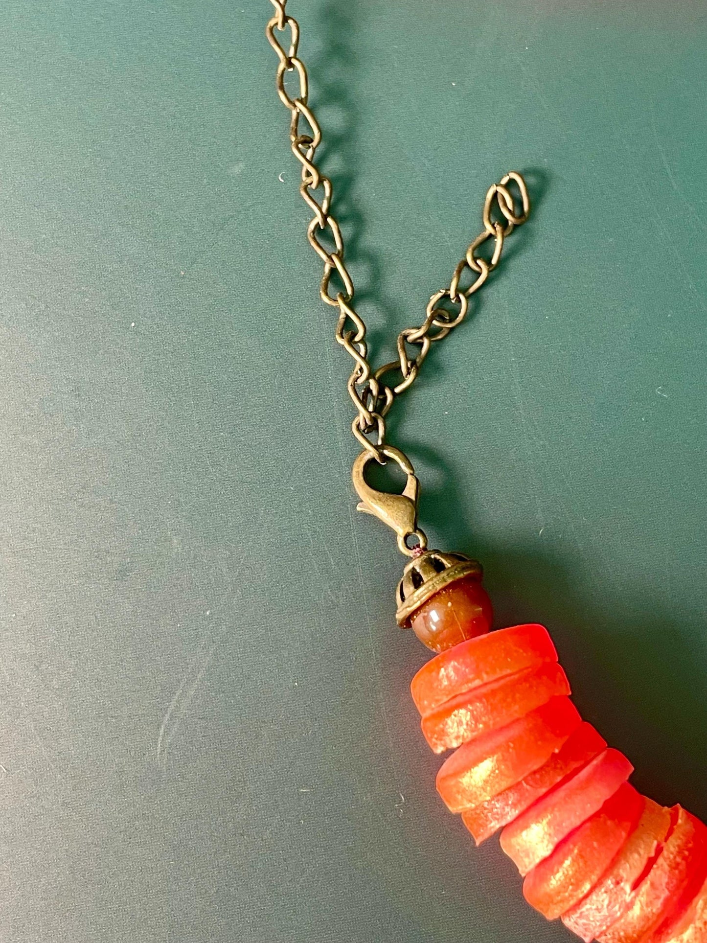 Coral tone Beaded Necklace with Sunburst Pendant  16 Adjustable