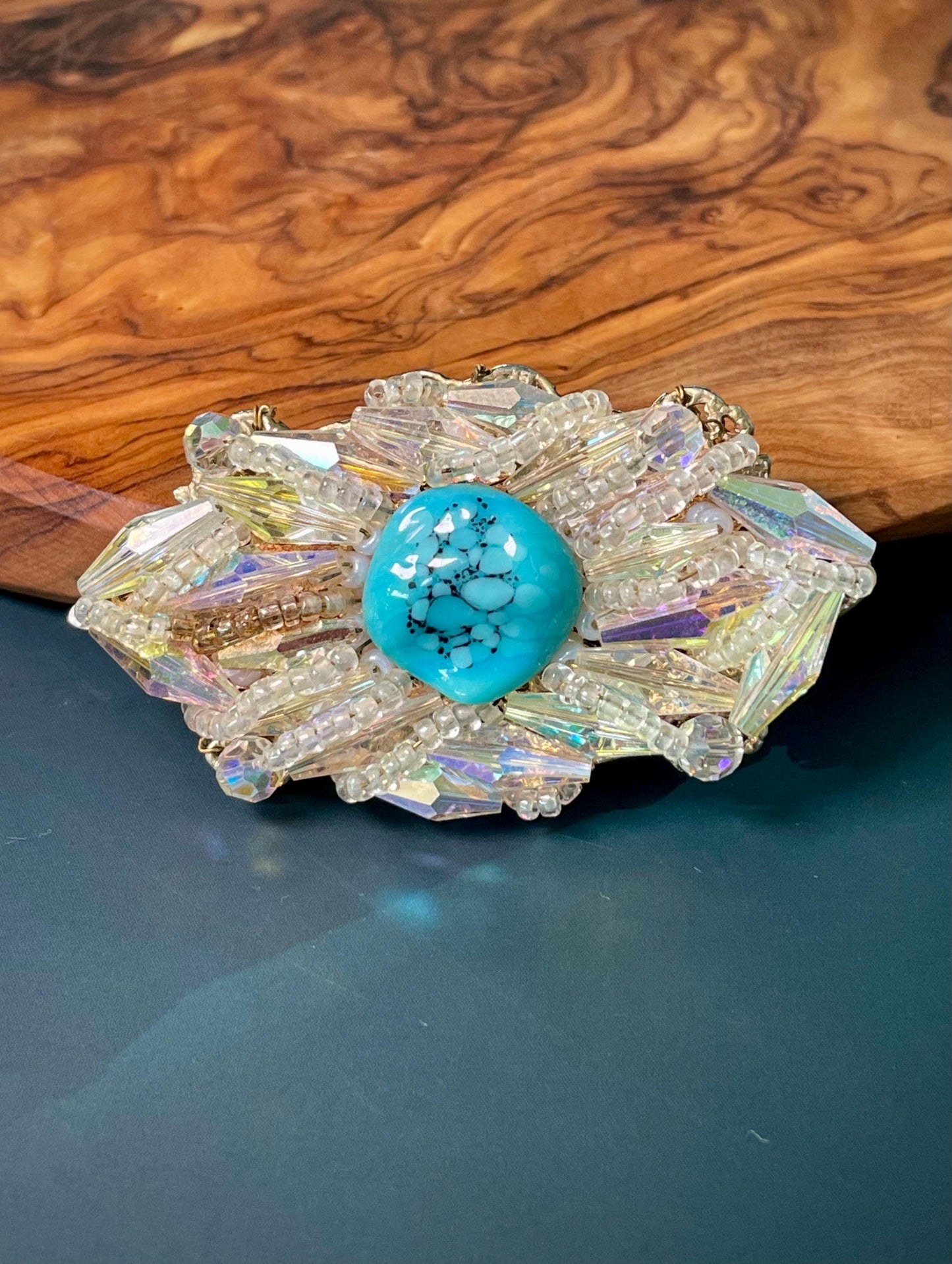 Amazing 3 x 1.25 inch Rhinestone Crystal Brooch Turquoise Center stone