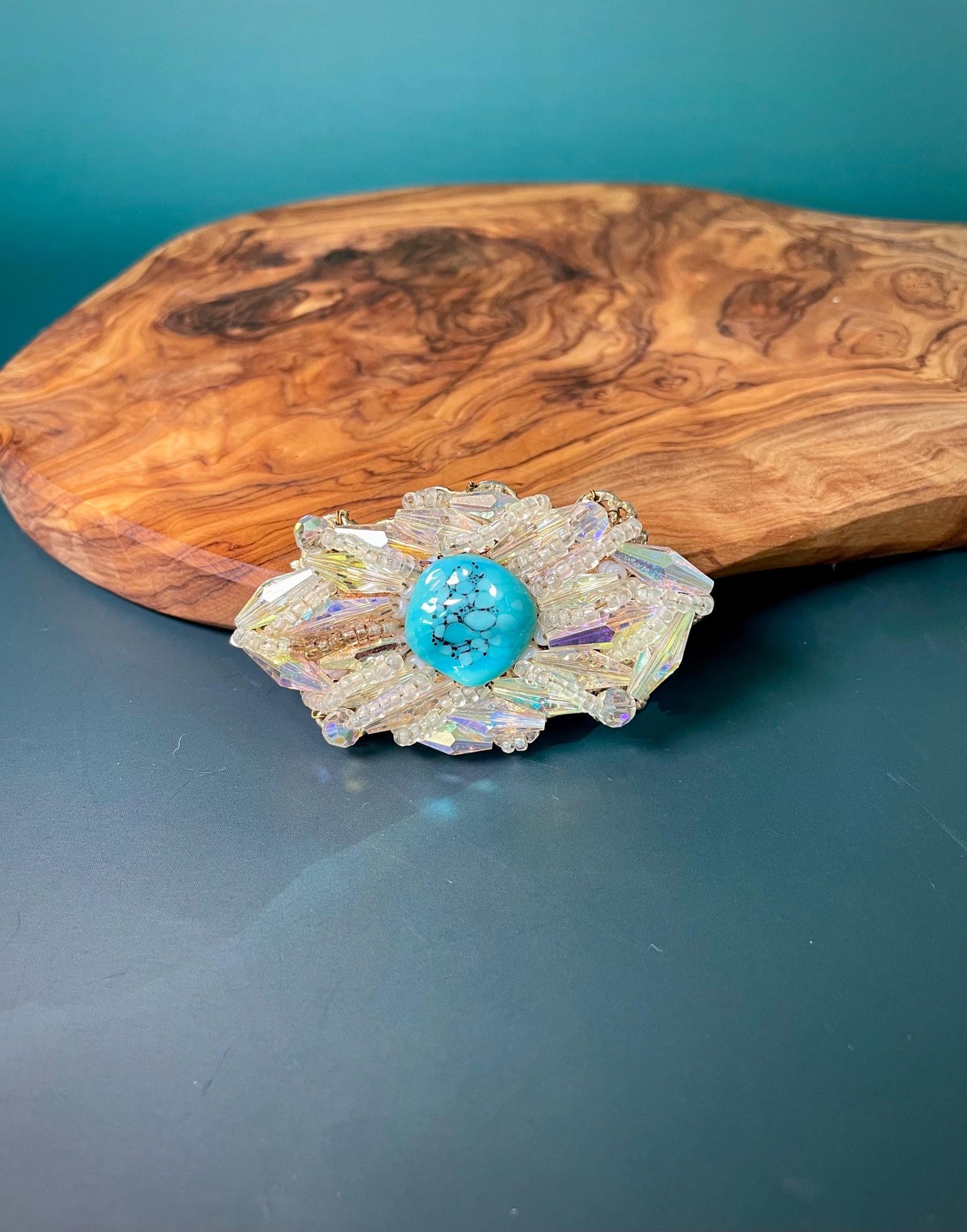 Amazing 3 x 1.25 inch Rhinestone Crystal Brooch Turquoise Center stone