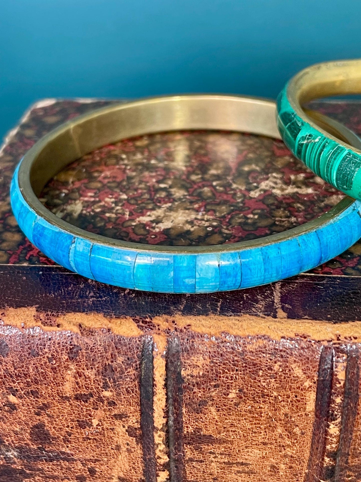 Set of Two 3 inch  Brass and Enamel Bracelets  Vibrant Green and Blue
