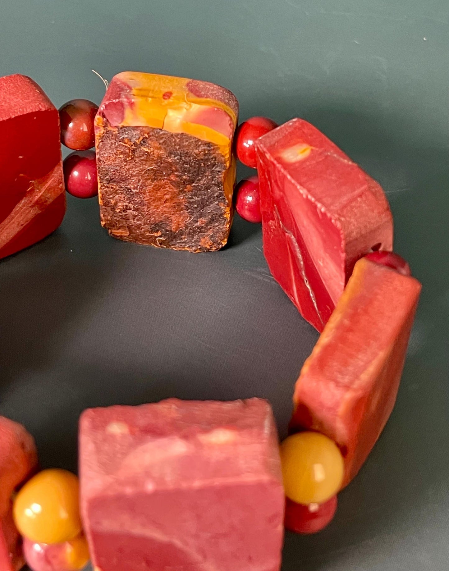 Vibrant Red and Yellow Polished Stone Bracelet - 3 inches