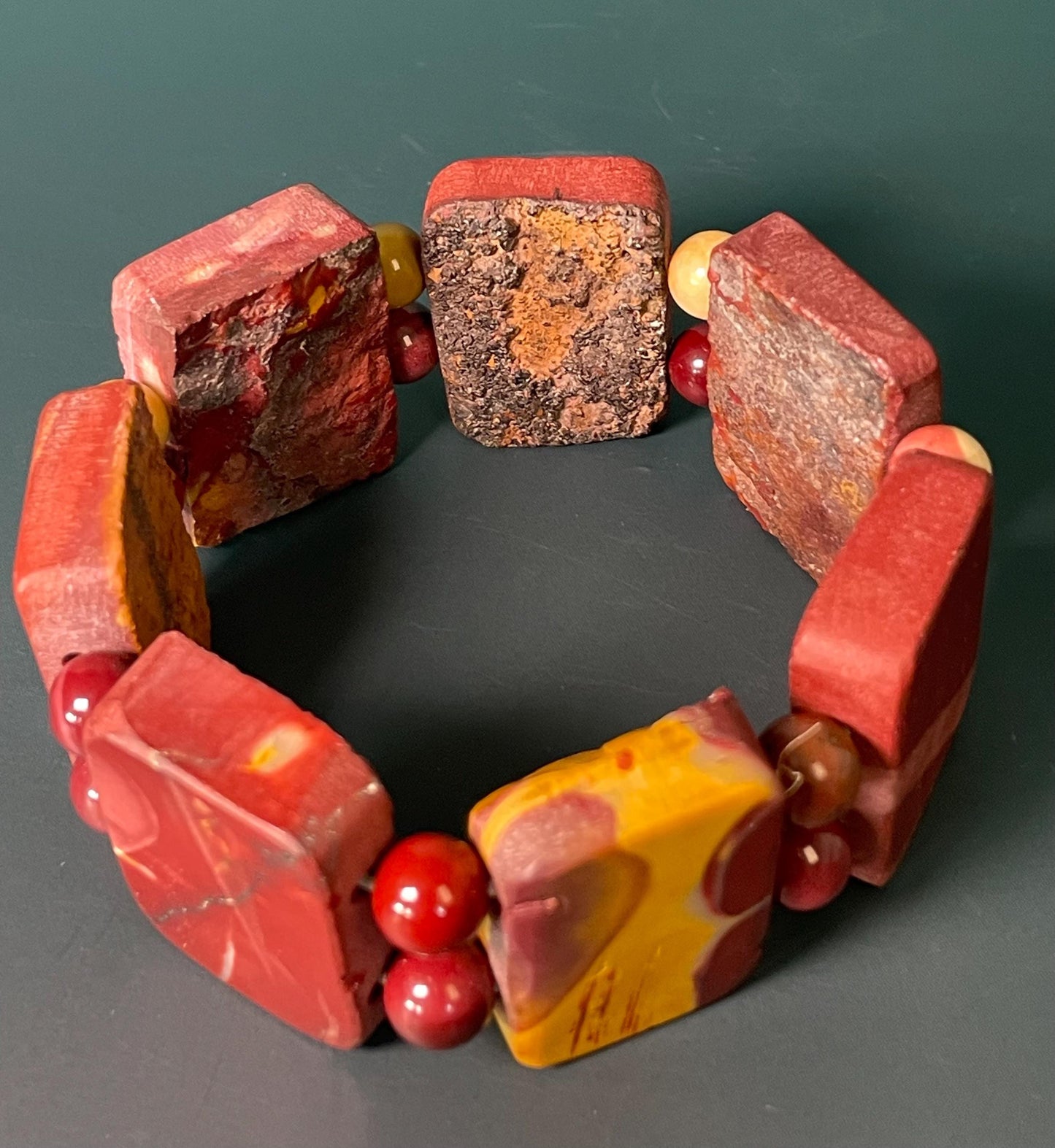 Vibrant Red and Yellow Polished Stone Bracelet - 3 inches