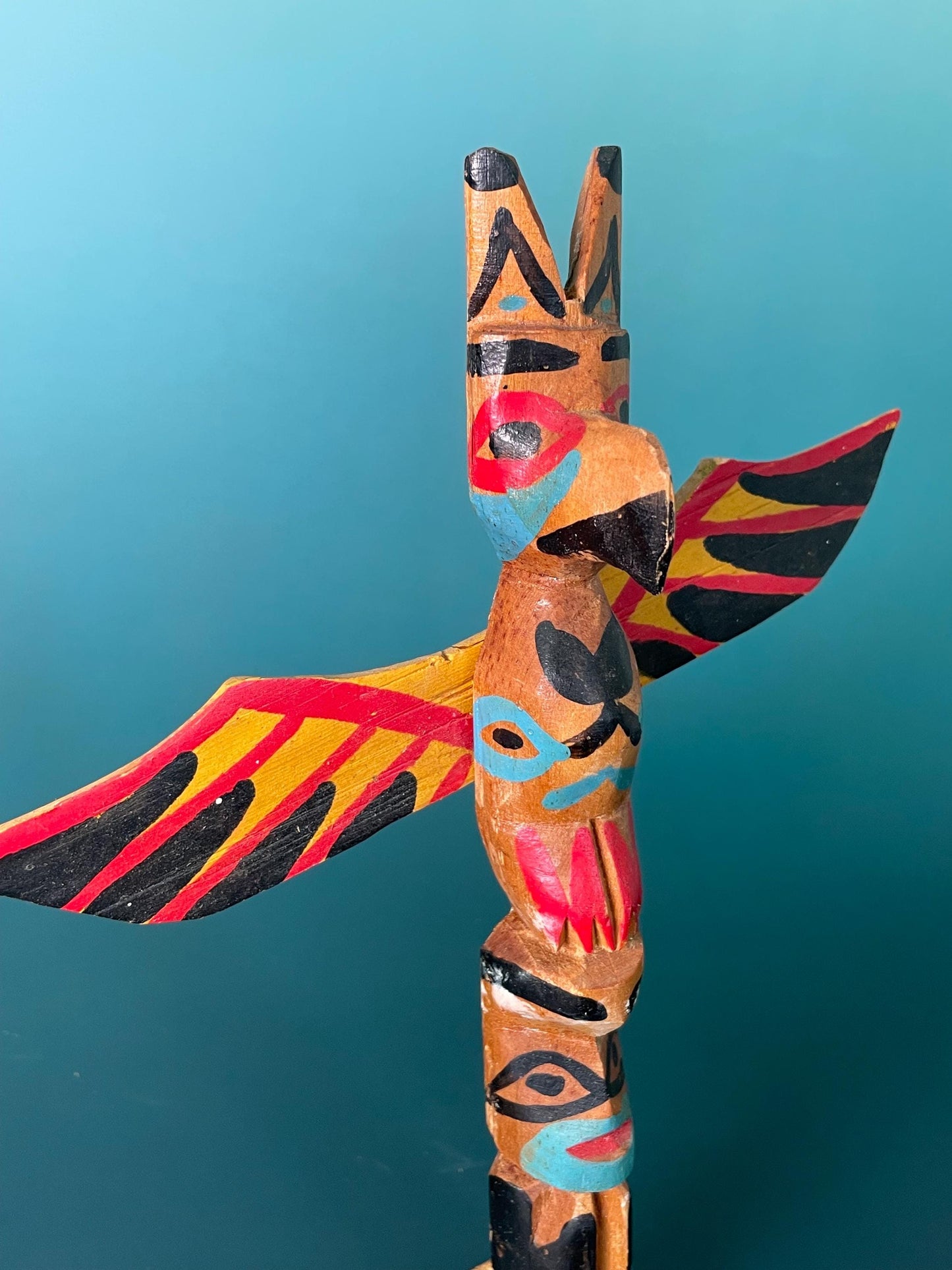 Hand-Carved Hand-Painted Indigenous Totem  9 inches Tall with 7inch Wingspan