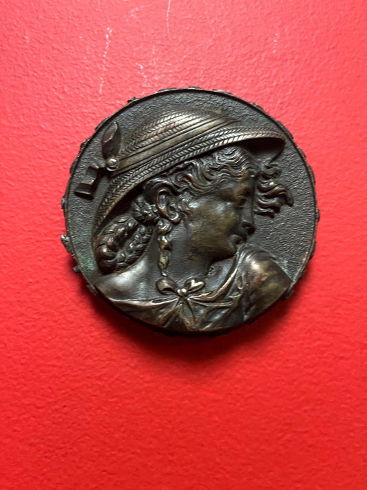 4 inch long heavy bronze art nouveau plaque of a beautiful woman