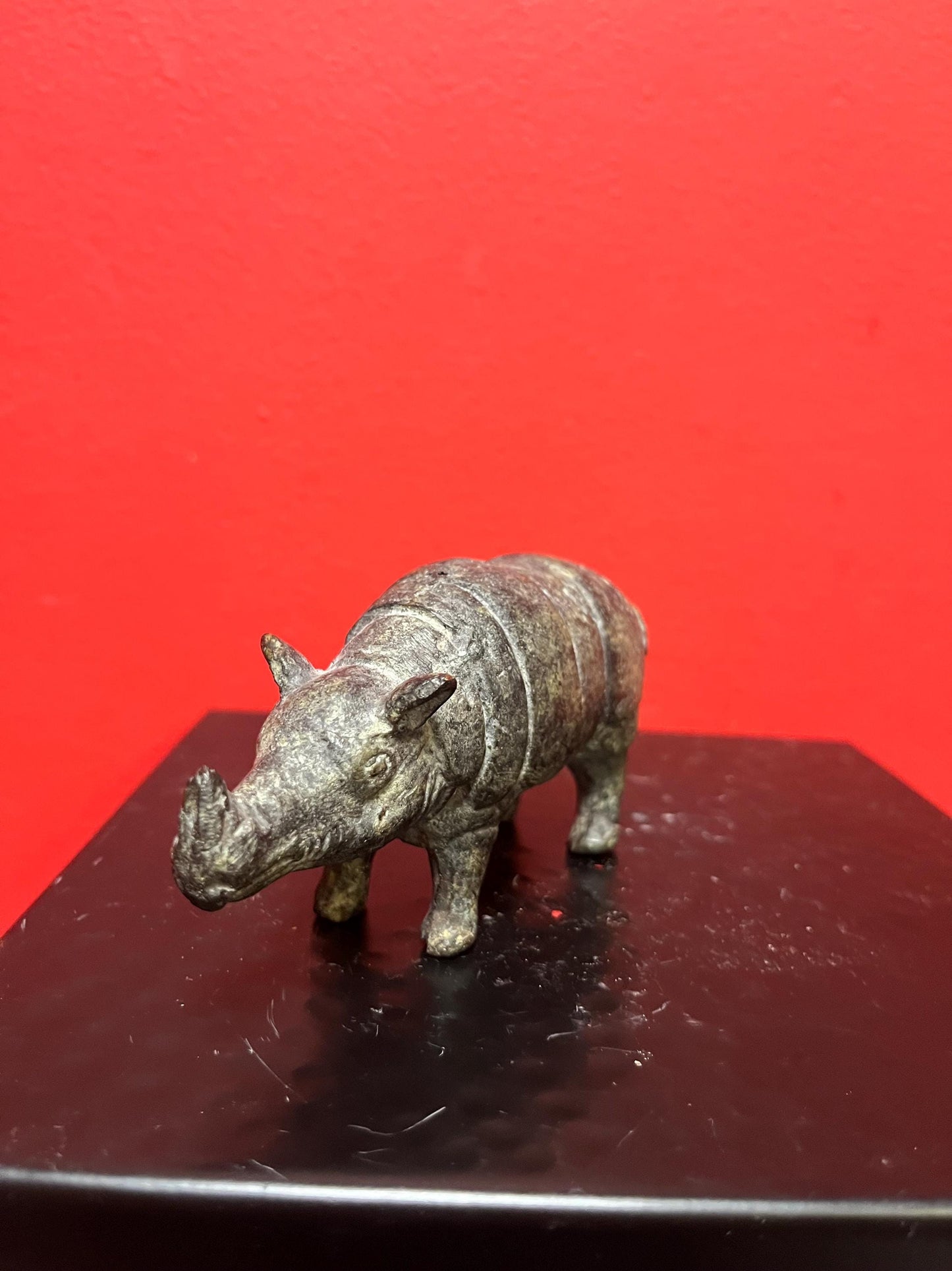 Fabulous 5 inch long old Chinese bronze rhinoceros  wonderful patina  value priced