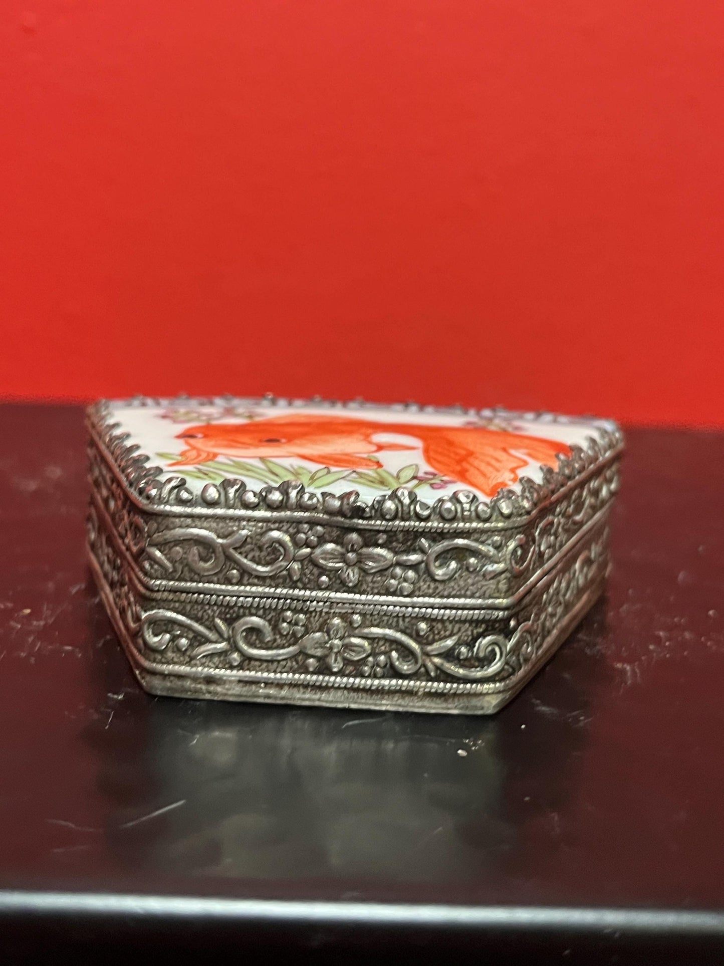 cool 3 inch  Asian untested silver and porcelain koi box