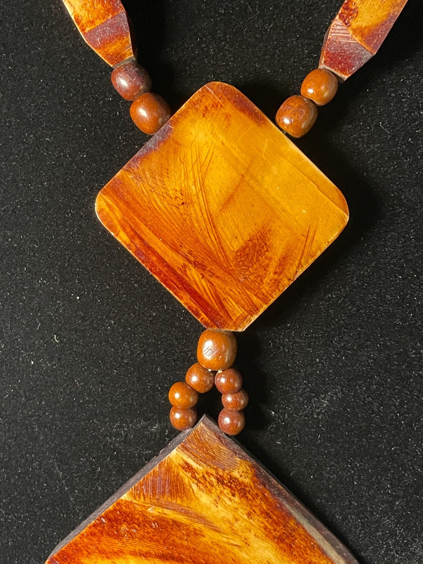 20" Polished Wood Bead Necklace with 5 Diamond-Shaped Pendant