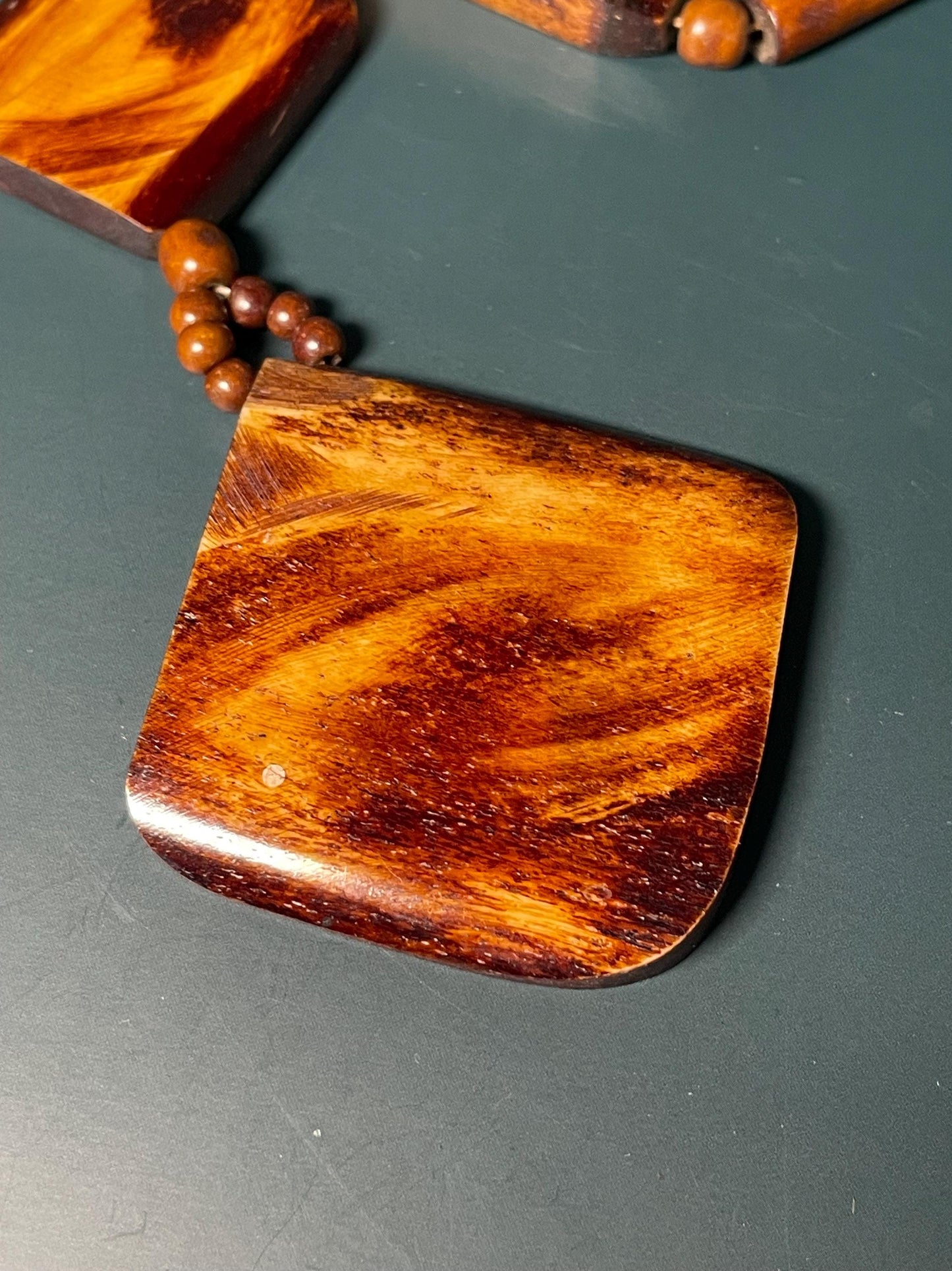 20" Polished Wood Bead Necklace with 5 Diamond-Shaped Pendant