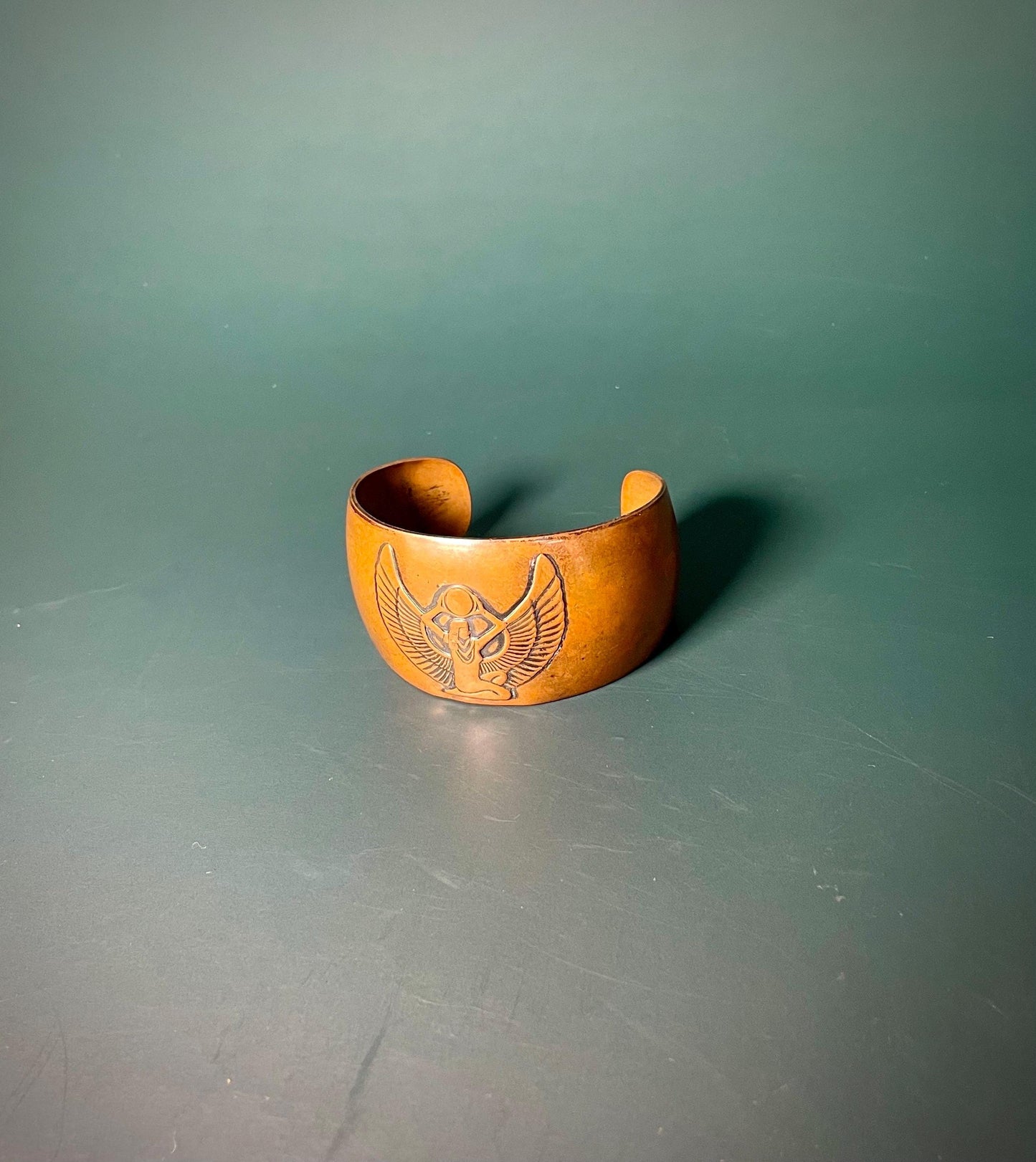 Bold Copper Cuff Bracelet with Egyptian Goddess Isis Symbol  2.5 Wide