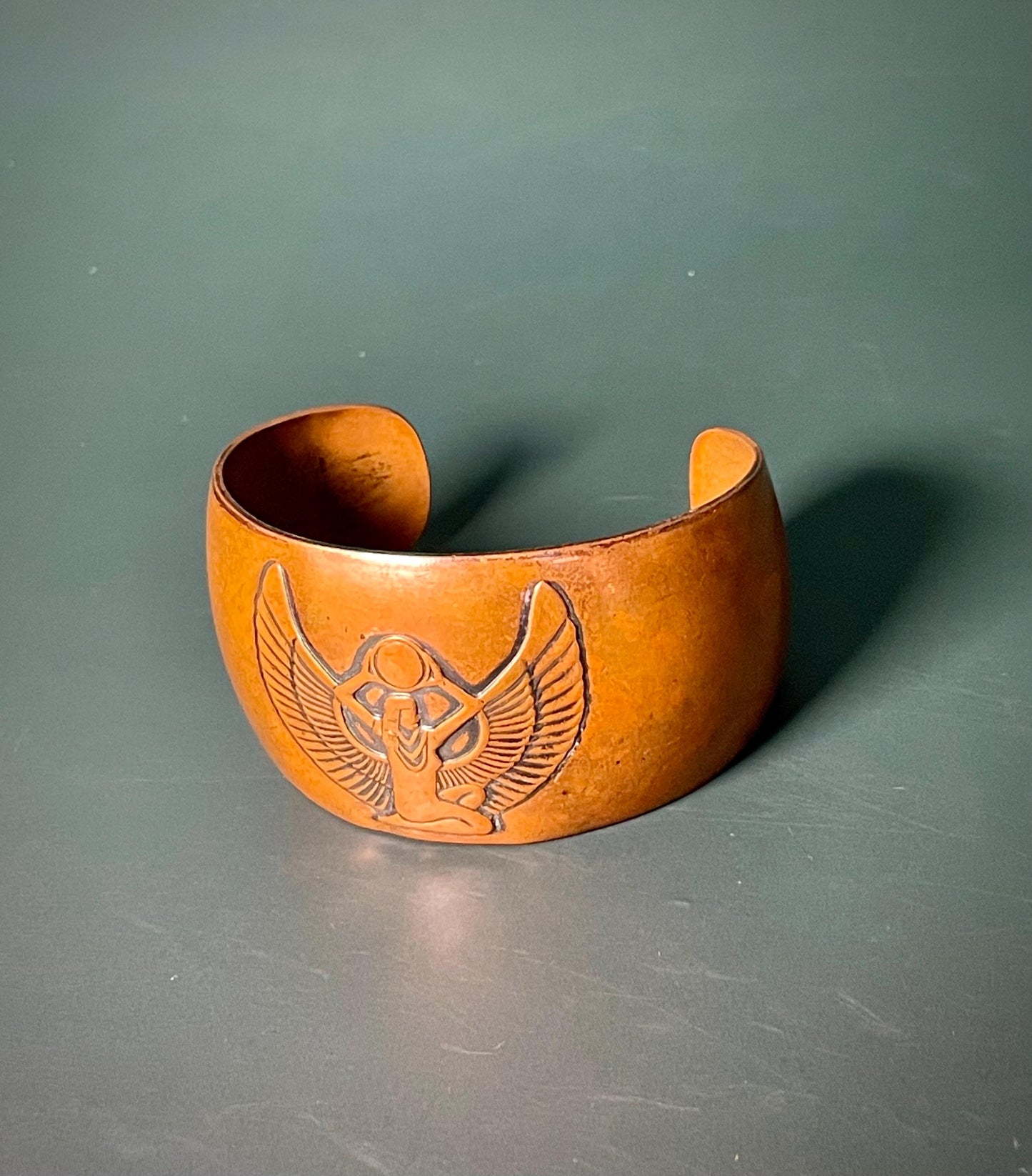 Bold Copper Cuff Bracelet with Egyptian Goddess Isis Symbol  2.5 Wide