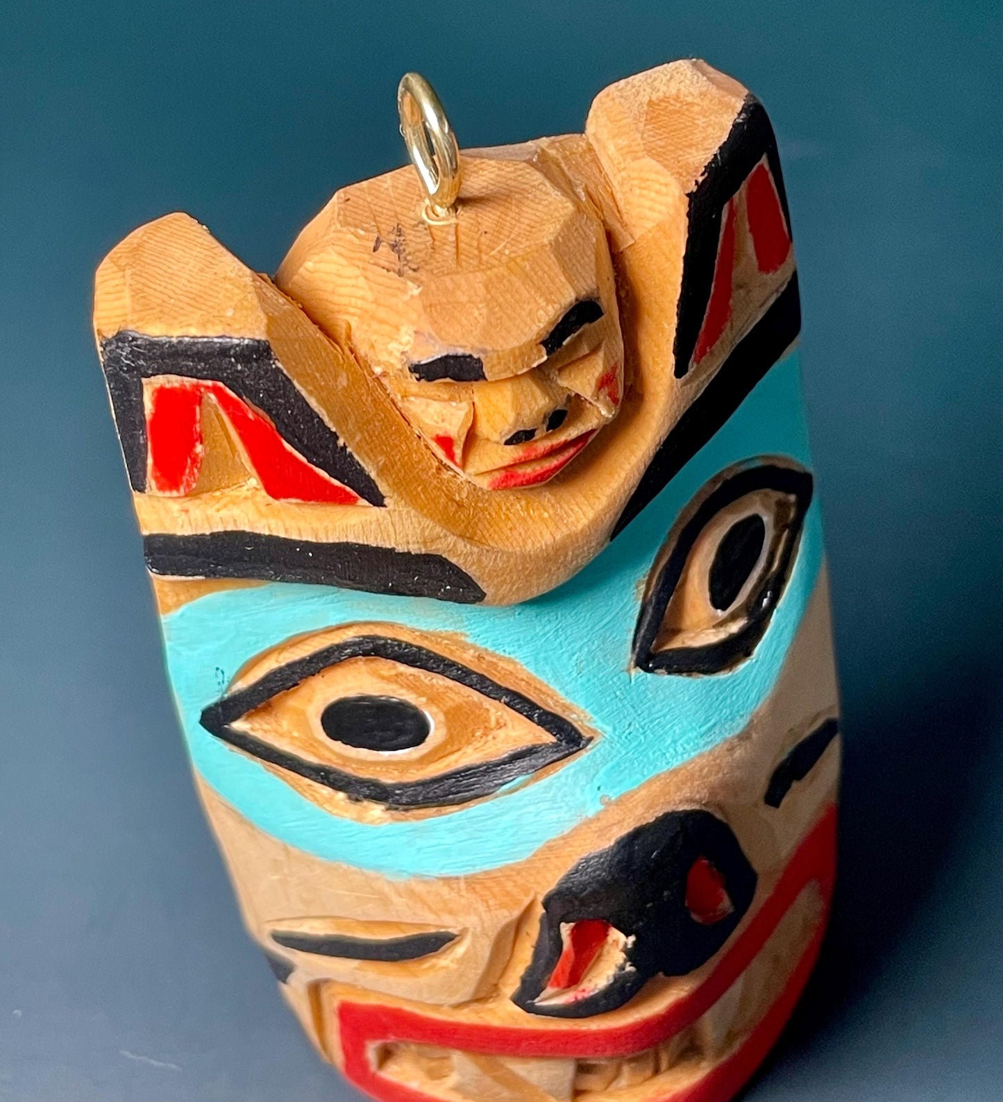 Hand-Carved and Painted Wooden Pendant by Artist Brad Joseph Jr.  4 H x 2.25 W