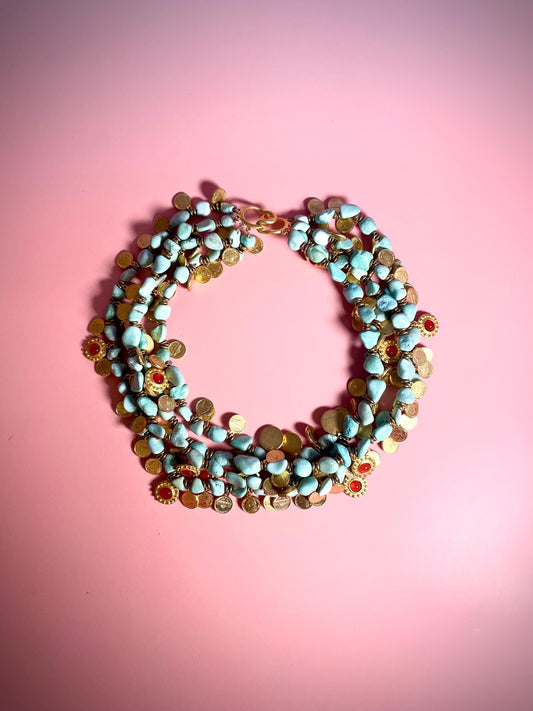 18 inch heavy Layered Necklace with Turquoise, Small Gold Coins, and Red Beads