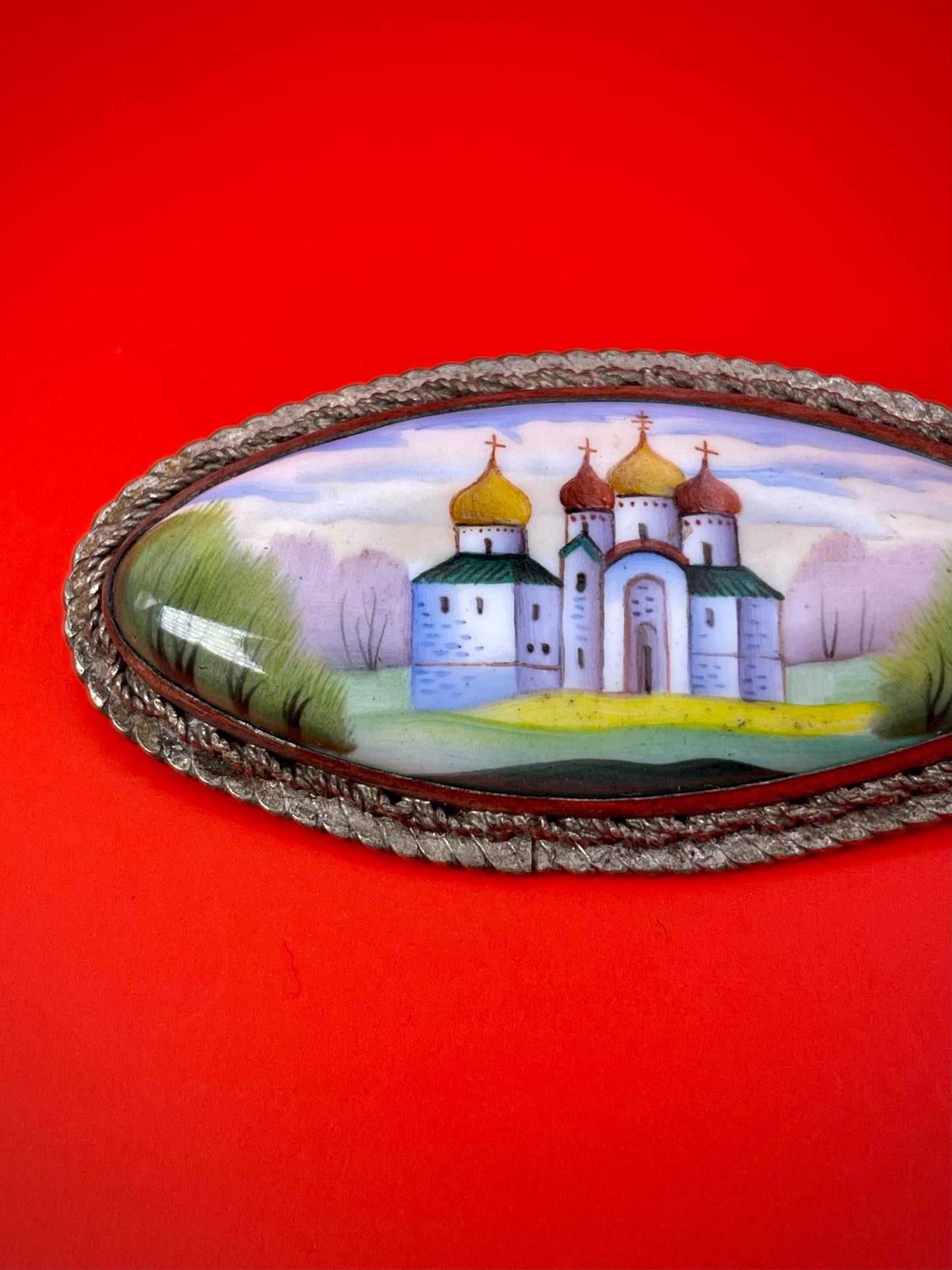 Eastern European Silver and Enamel Brooch 2.25 inches