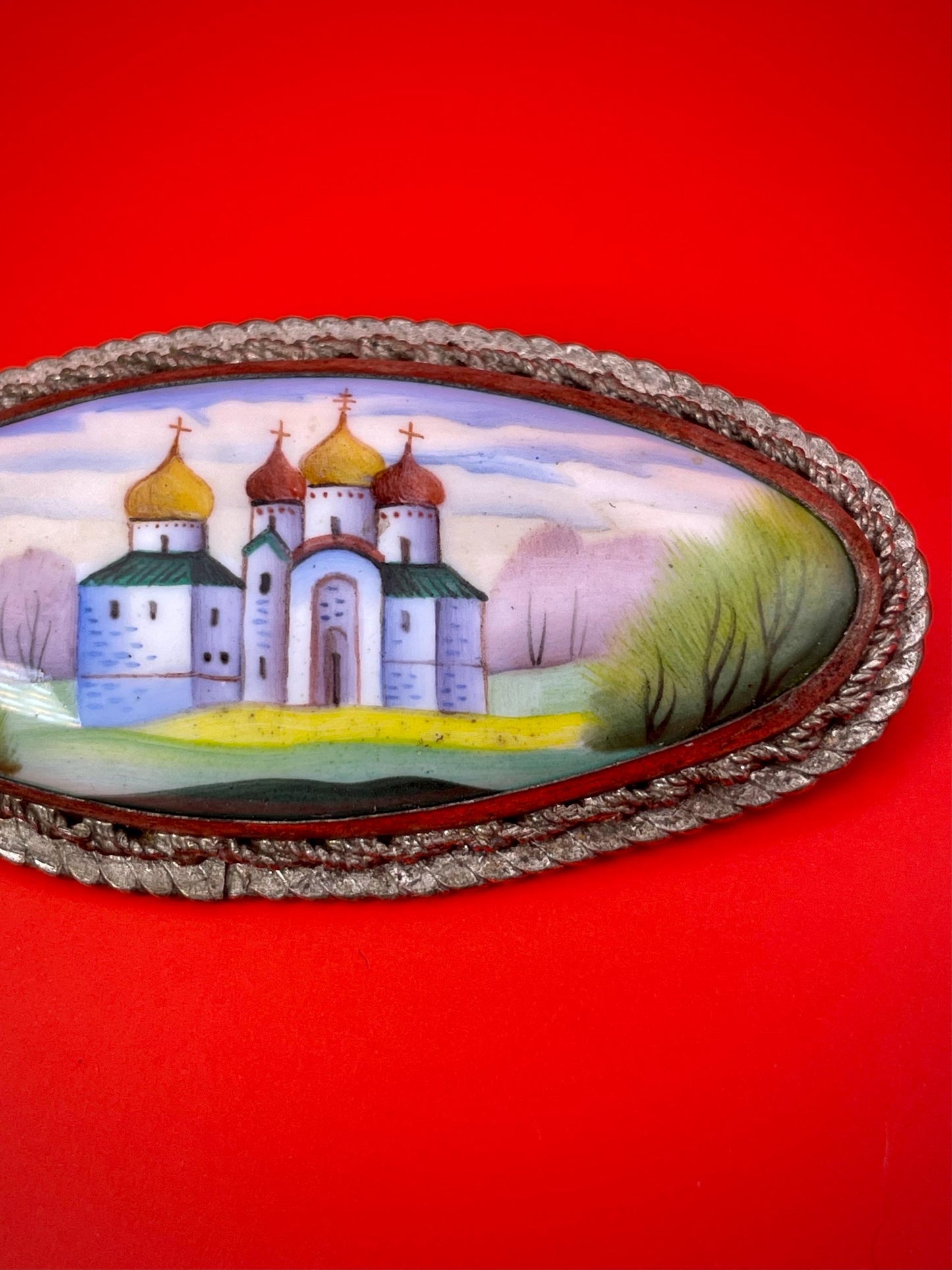 Eastern European Silver and Enamel Brooch 2.25 inches