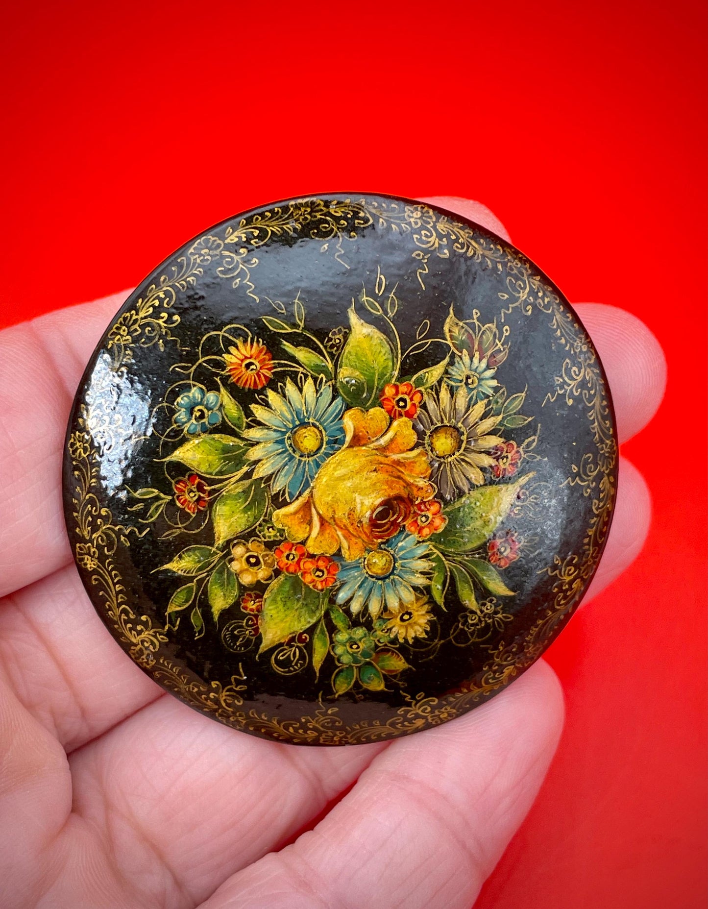 2 inch Wooden Signed Painted Brooch