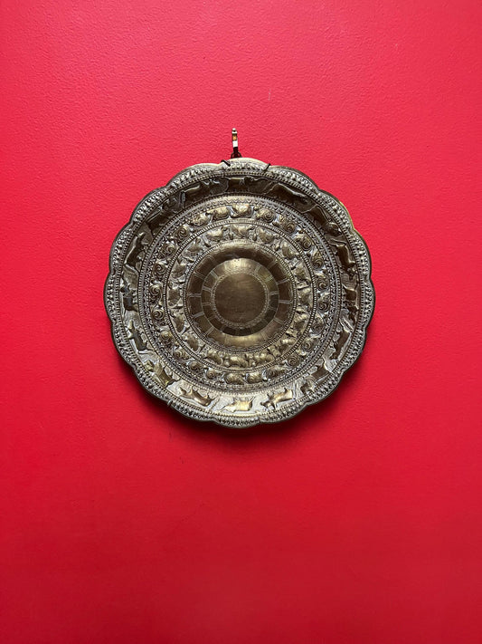 Stunning 12 inch British east Indian hand hammered brass plate charger  wonderful detail and ready to hang  great value