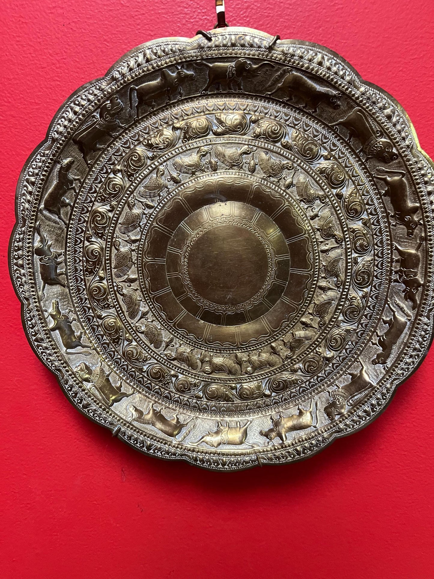 Stunning 12 inch British east Indian hand hammered brass plate charger  wonderful detail and ready to hang  great value