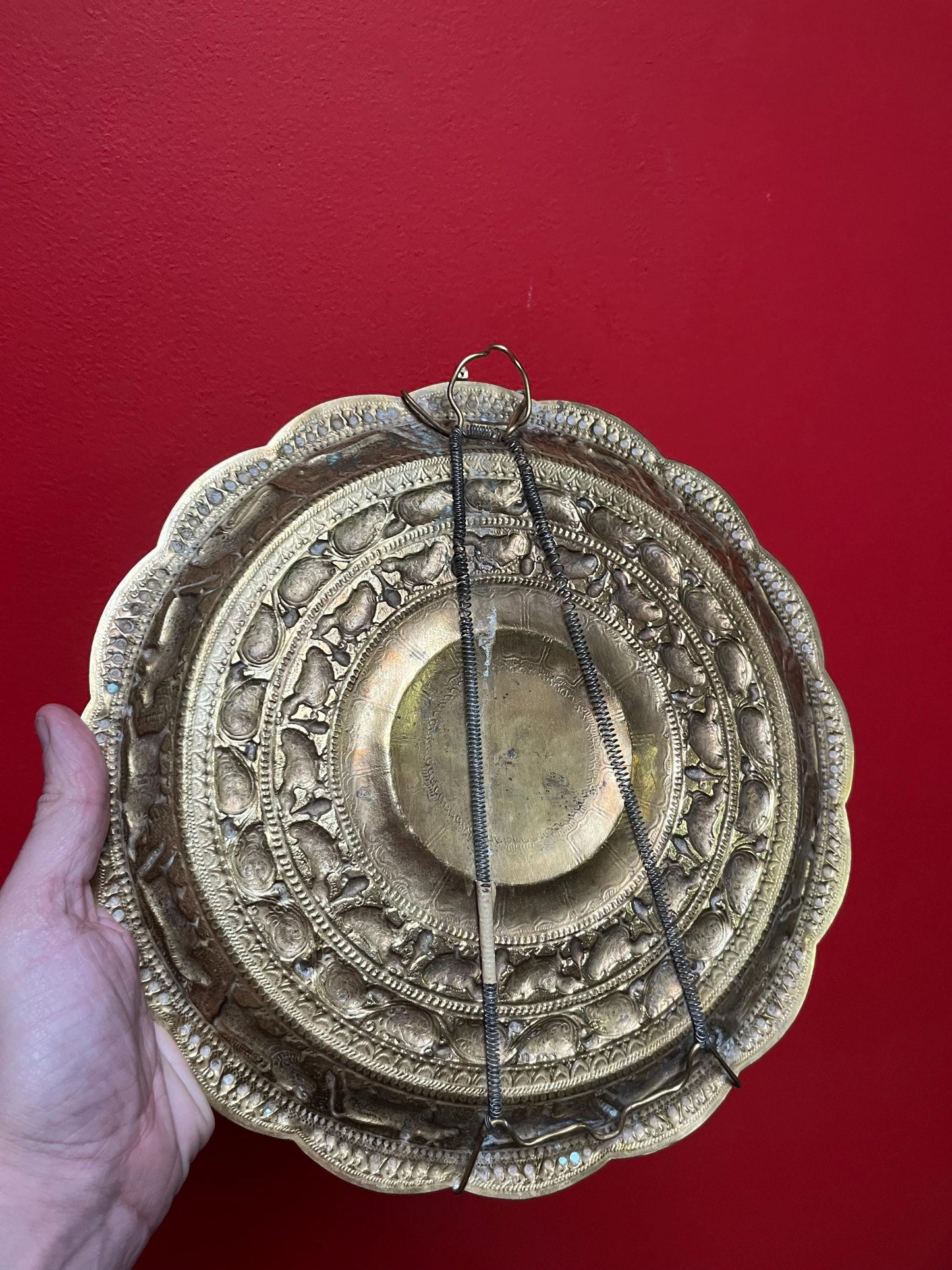 Stunning 12 inch British east Indian hand hammered brass plate charger  wonderful detail and ready to hang  great value