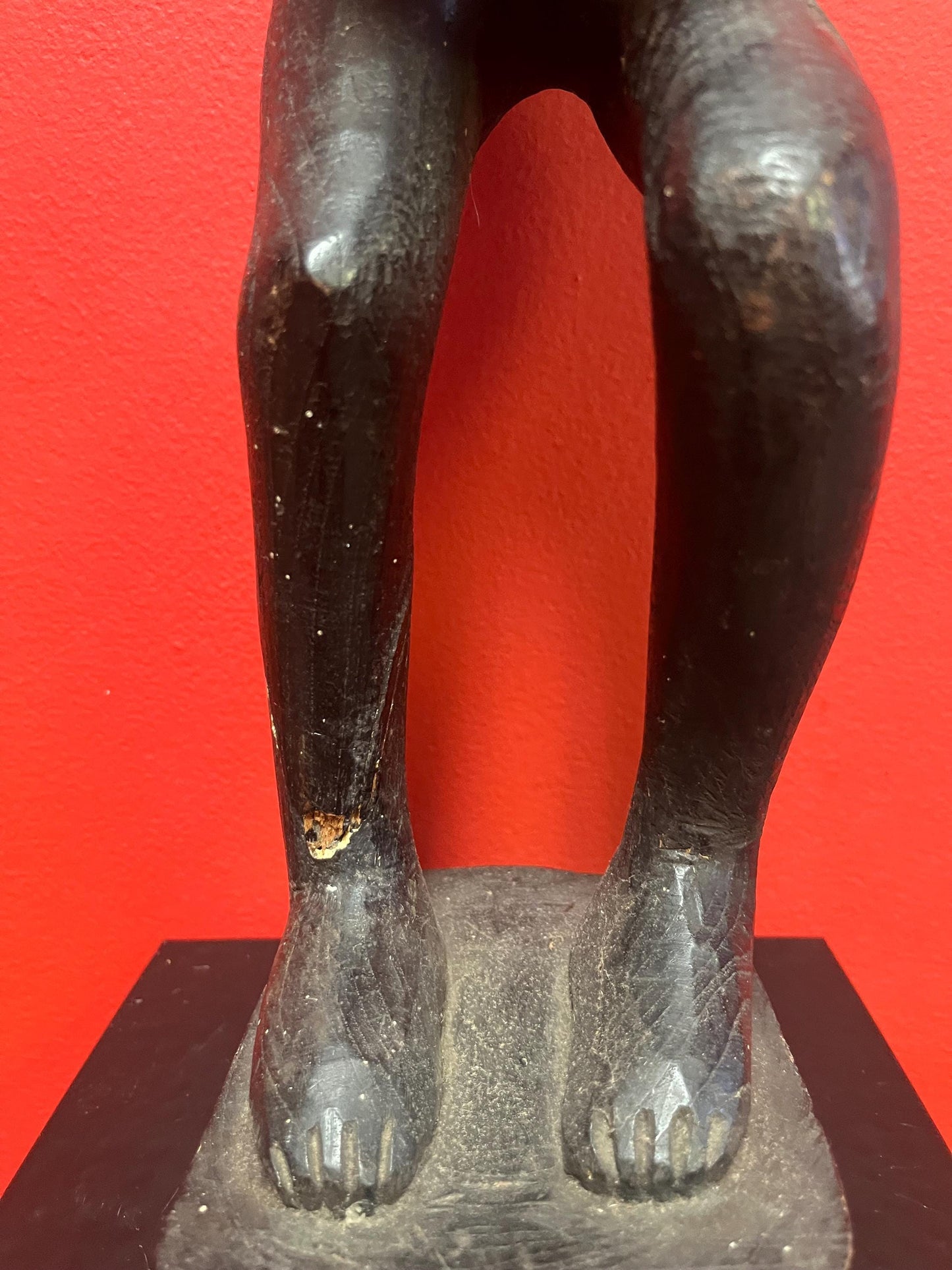 Stunning antique Indonesian teak statue of a musical player with mice  powerful imagery and 29 inches tall  some age cracks see photos