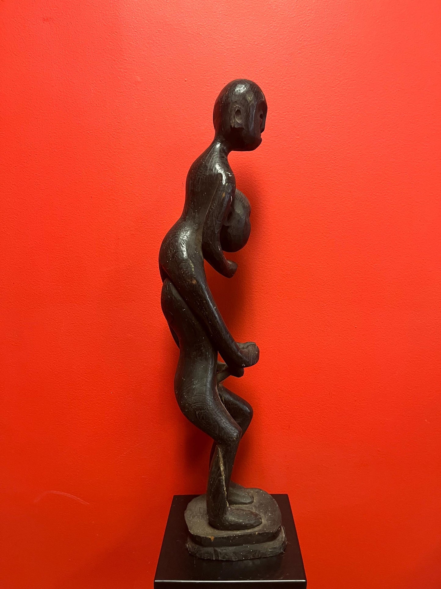 Stunning antique Indonesian teak statue of a musical player with mice  powerful imagery and 29 inches tall  some age cracks see photos