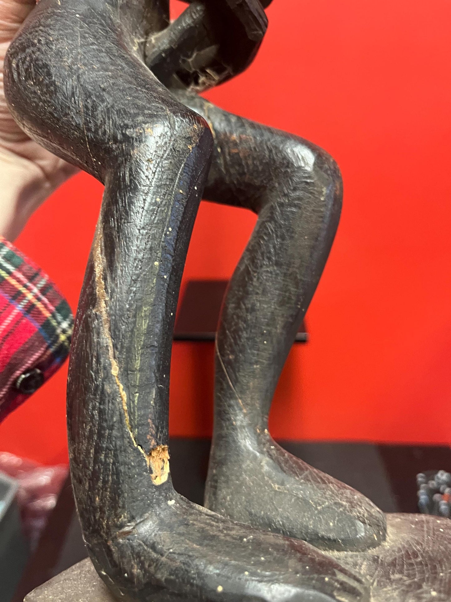 Stunning antique Indonesian teak statue of a musical player with mice  powerful imagery and 29 inches tall  some age cracks see photos