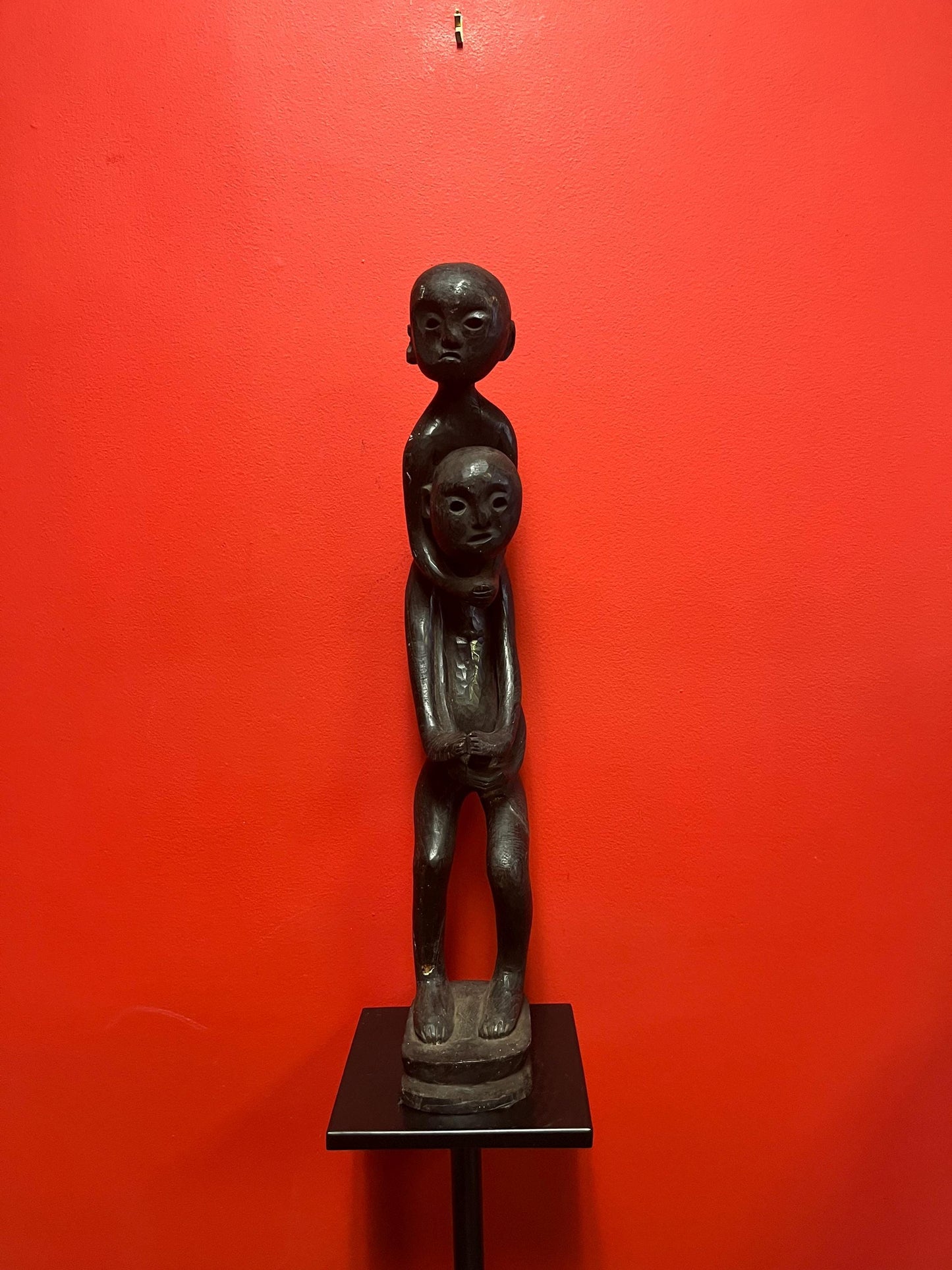 Stunning antique Indonesian teak statue of a musical player with mice  powerful imagery and 29 inches tall  some age cracks see photos