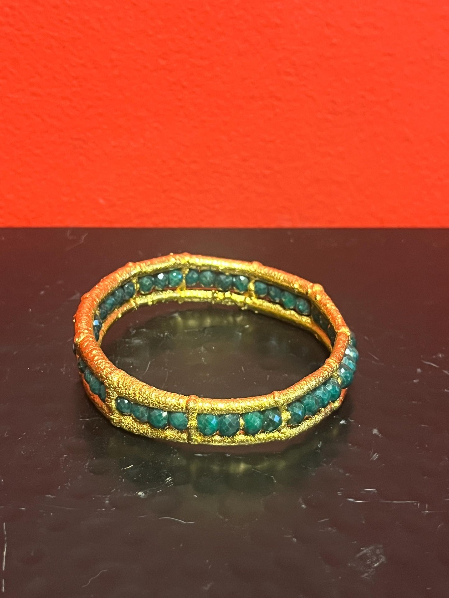 Magical Canadian made 3 inch wide gold plated and emerald  bracelet by  award-winning artist Charles Lewton - Brain  cage series piece