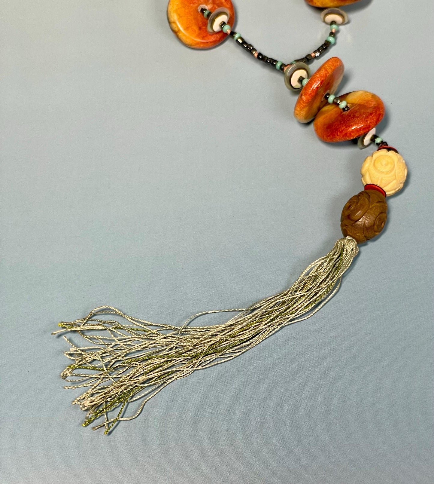 29 inch Tribal Necklace with Beads, Stone, Wood, and Bone  6 inch Tassel Drop