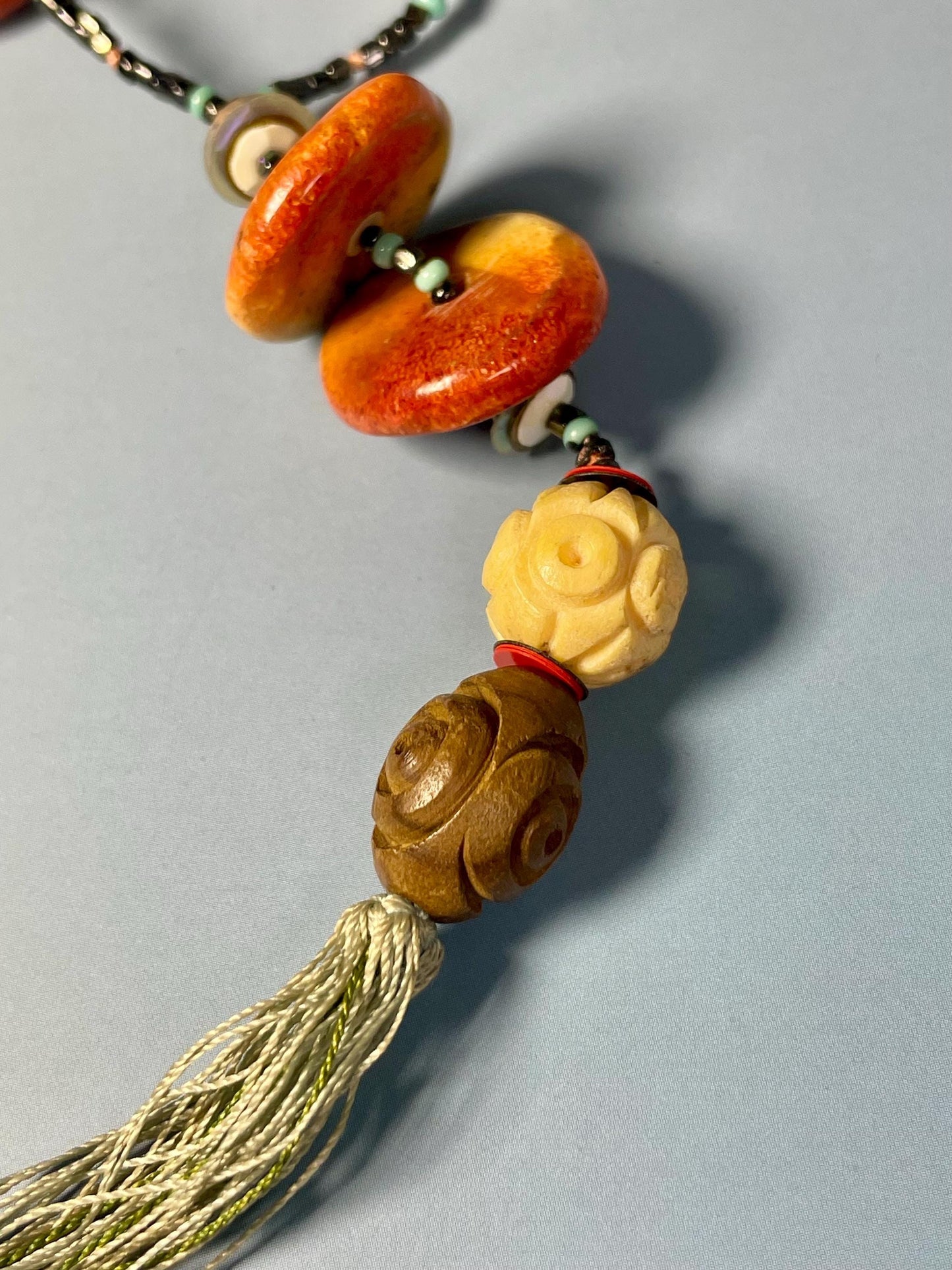 29 inch Tribal Necklace with Beads, Stone, Wood, and Bone  6 inch Tassel Drop