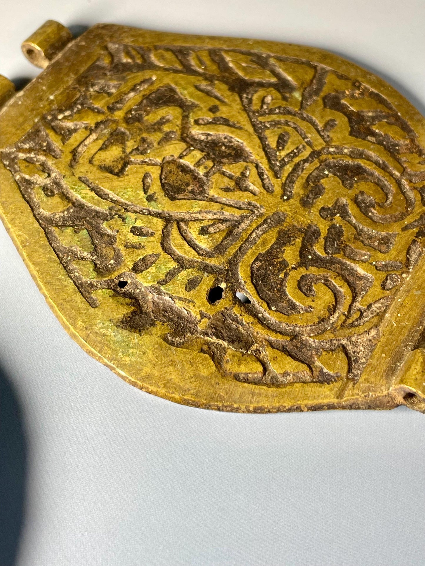 Lot of 2 Ancient Bronze Artifacts (4.24-8 inches) with Etched Design  One Hinged