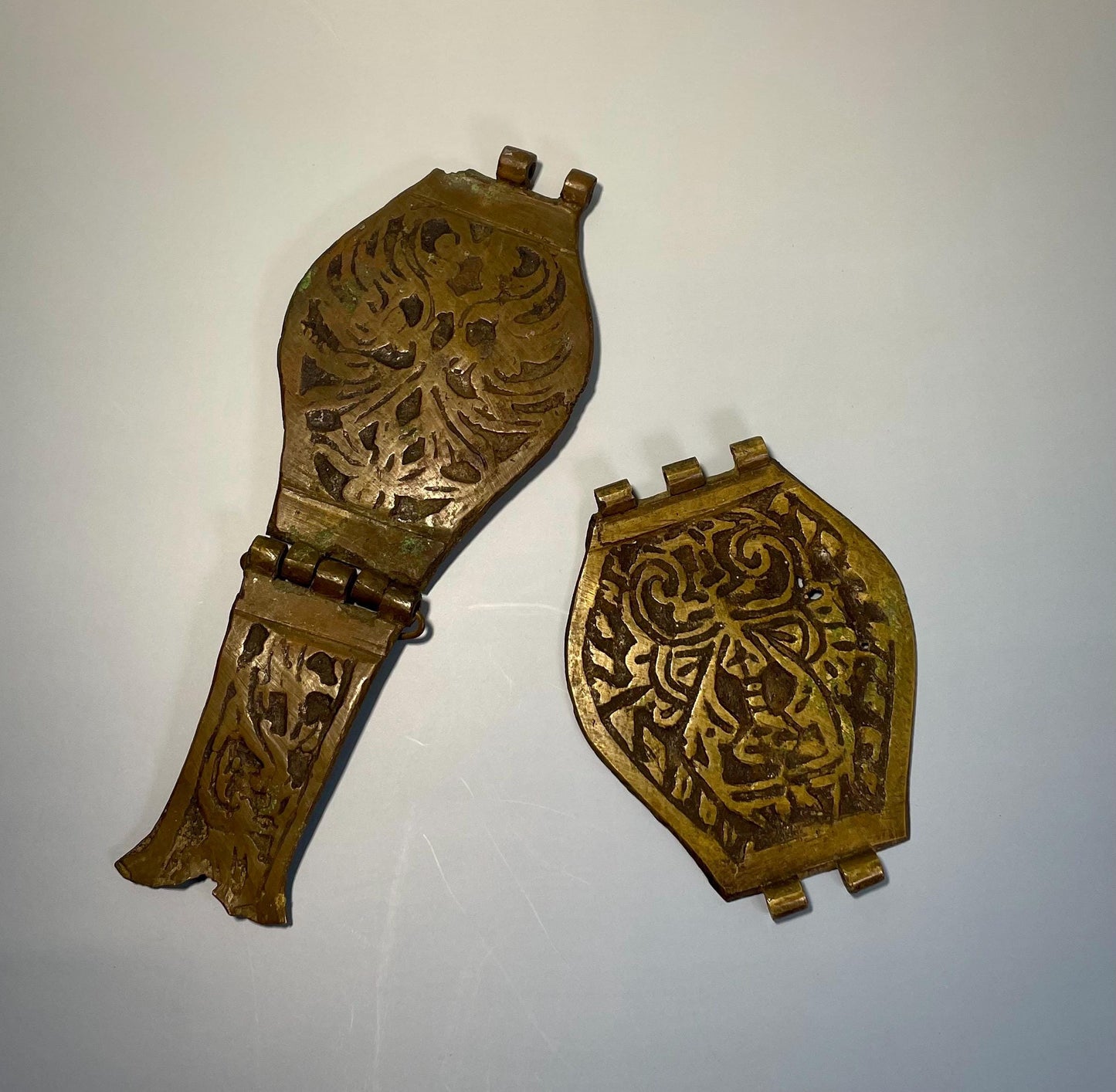 Lot of 2 Ancient Bronze Artifacts (4.24-8 inches) with Etched Design  One Hinged